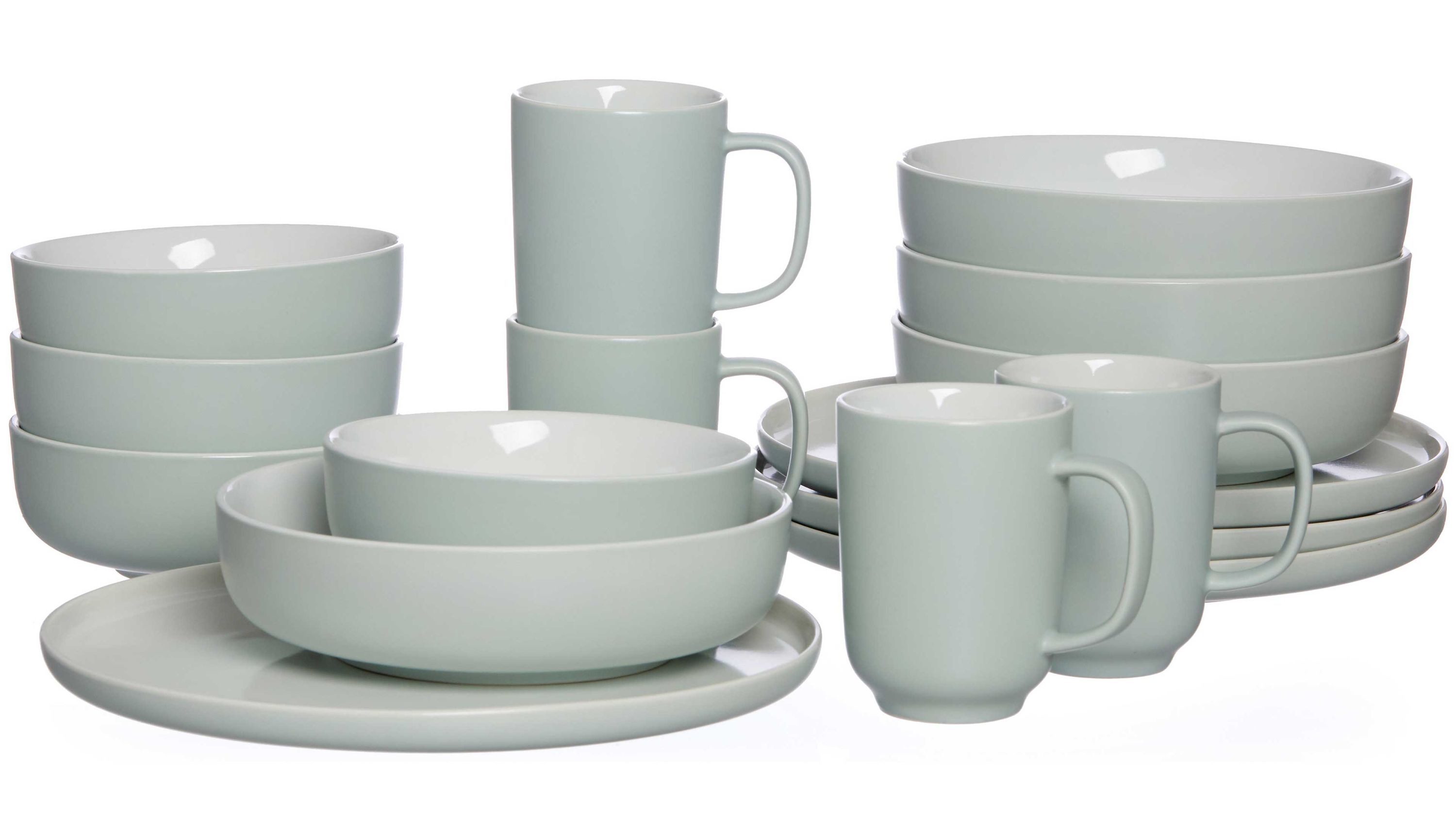 Mintfarbenes Kombigeschirr aus Keramik mit Tellern Schalen und Tassen Kombigeschirr aus Keramik in mintfarben mit Tellern Schalen und Tassen