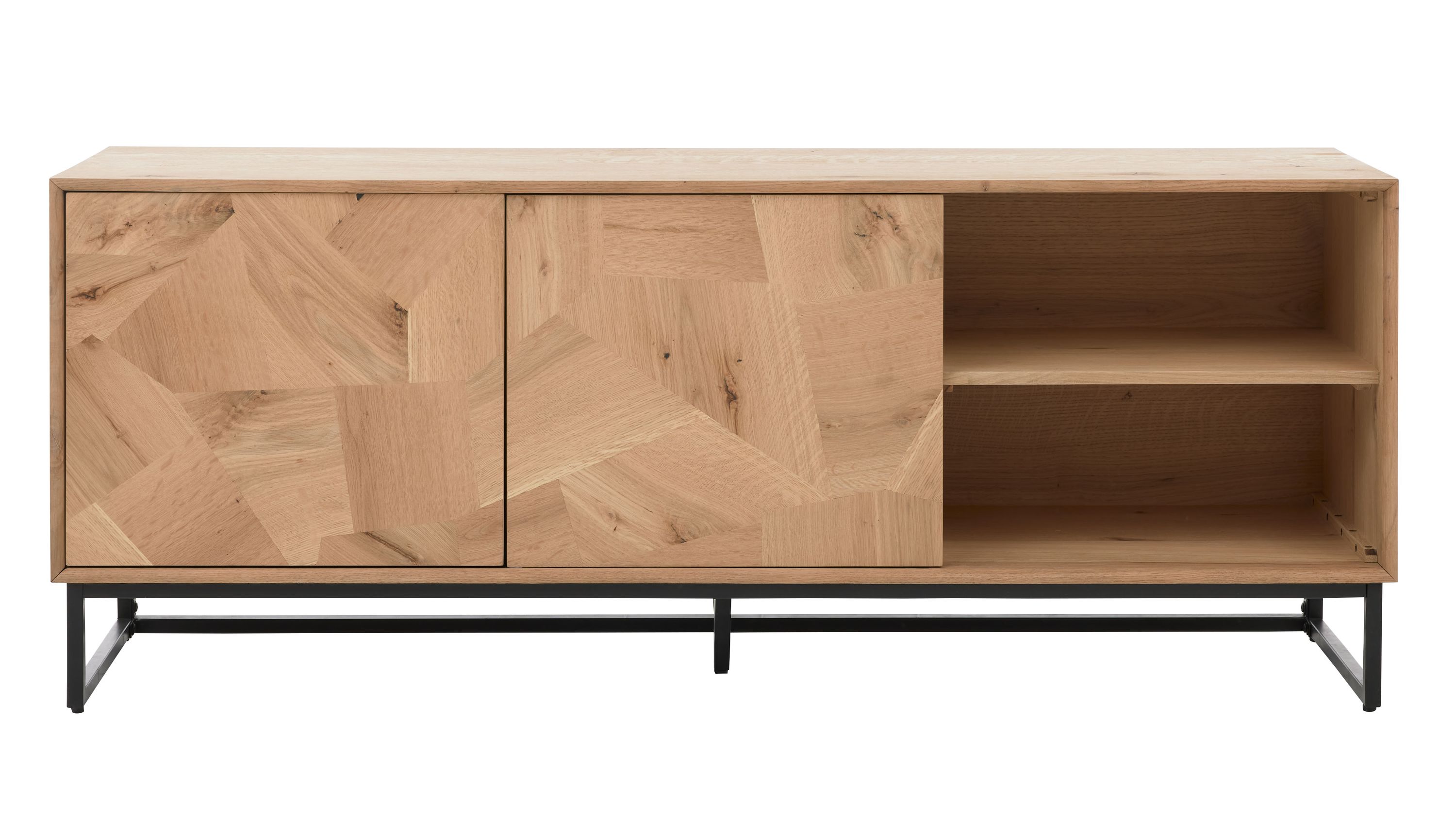 Lowboard mit zwei Türen und offenem Fach auf Metallgestell Rechteckiges Lowboard mit zwei Holztüren und offenem Fach auf schwarzem Metallgestell