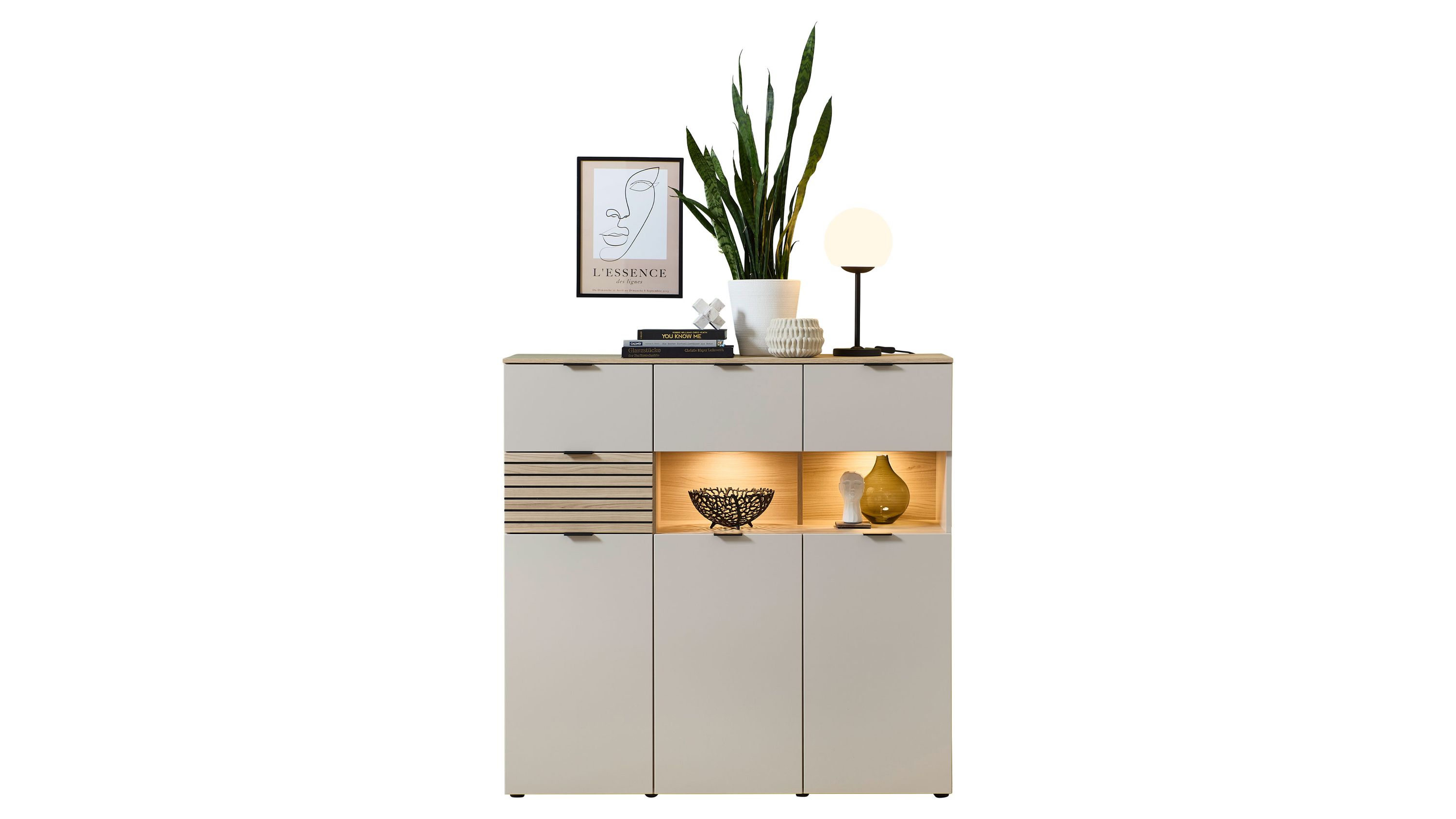 Highboard mit Beleuchtung in Kaschmir und Holzoptik Hochboard mit drei Türen drei Schubladen und zwei offenen Fächern mit Beleuchtung in kaschmirfarben und Holzoptik