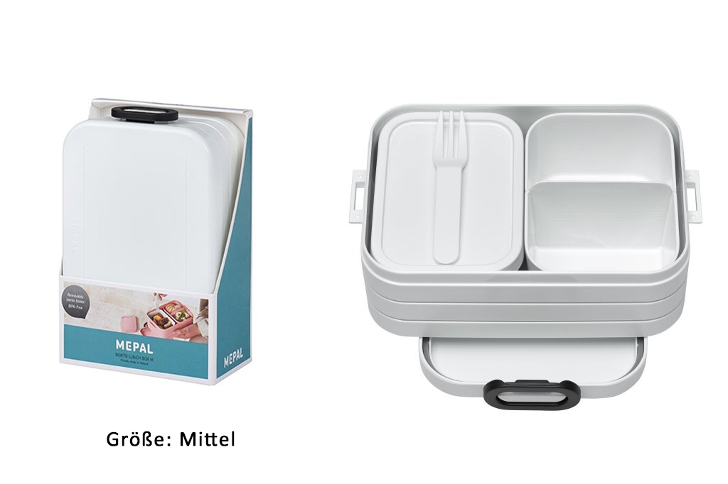Mittlere weiße Mepal-Lunchbox mit Fächern, Gabel und Verpackung, freigestellt vor weißem Hintergrund