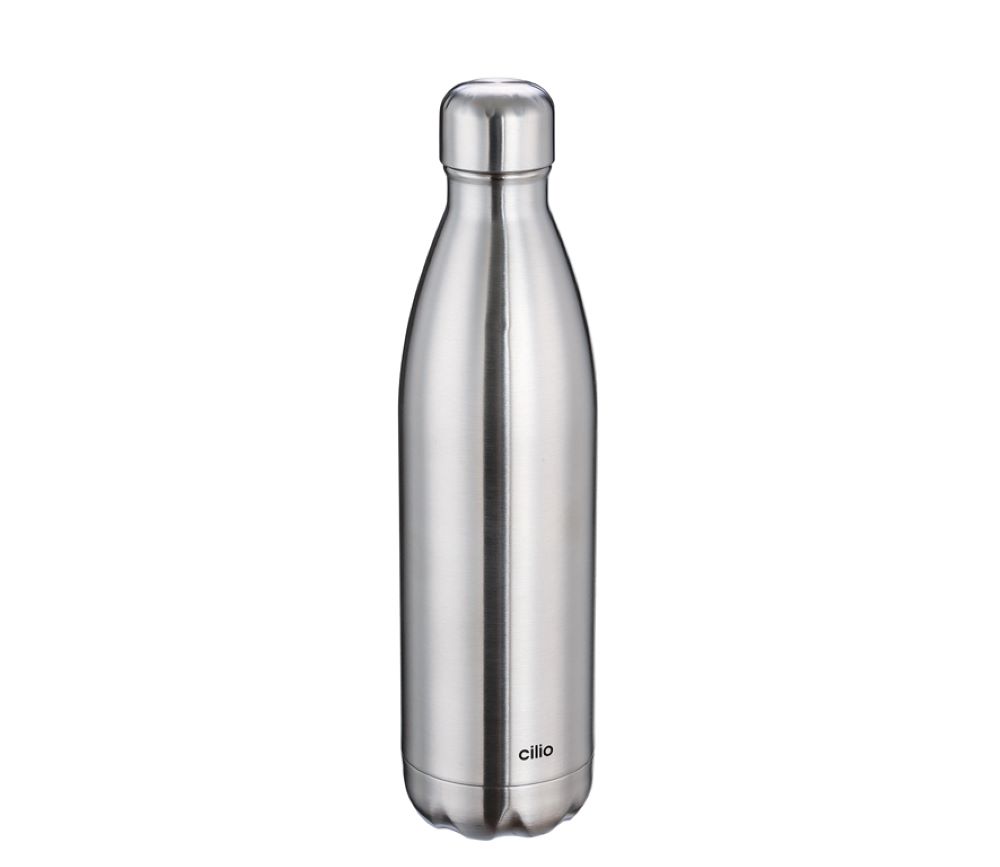 Silberne isolierflasche mit silbernem deckel  rundem Schraubverschluss  zentriert vor weißem Hintergrund