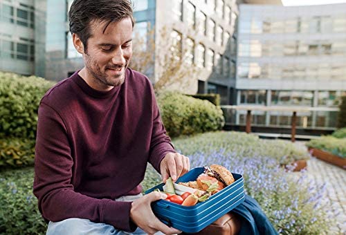 Mann im roten Pullover isst draußen aus blauer Lunchbox, umgeben von Grün und modernen Gebäuden