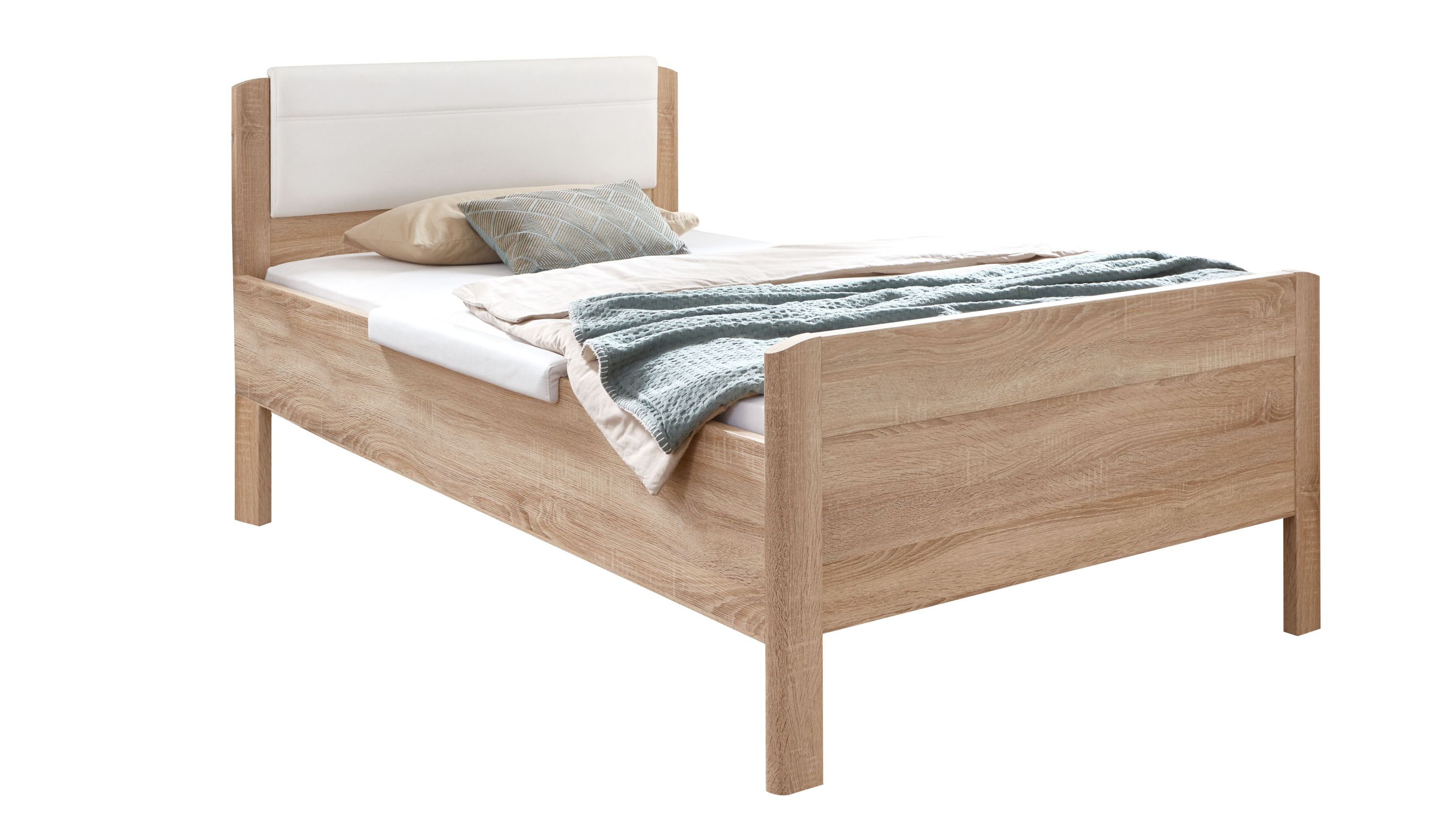 Bettgestell aus Holz mit rechteckigem Kopfteil in heller Farbe und Fußteil in Holzoptik