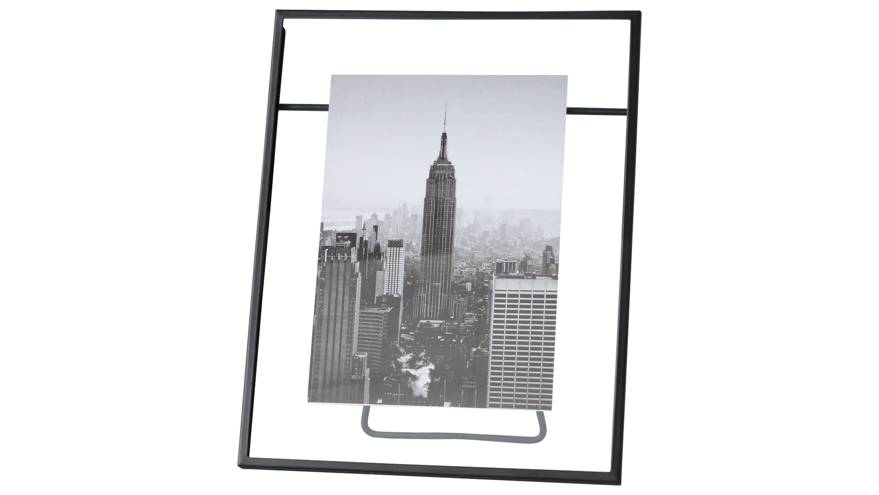 Schwarzer rechteckiger Bilderrahmen aus Metall mit einem Foto von einer Stadt mit Hochhäusern