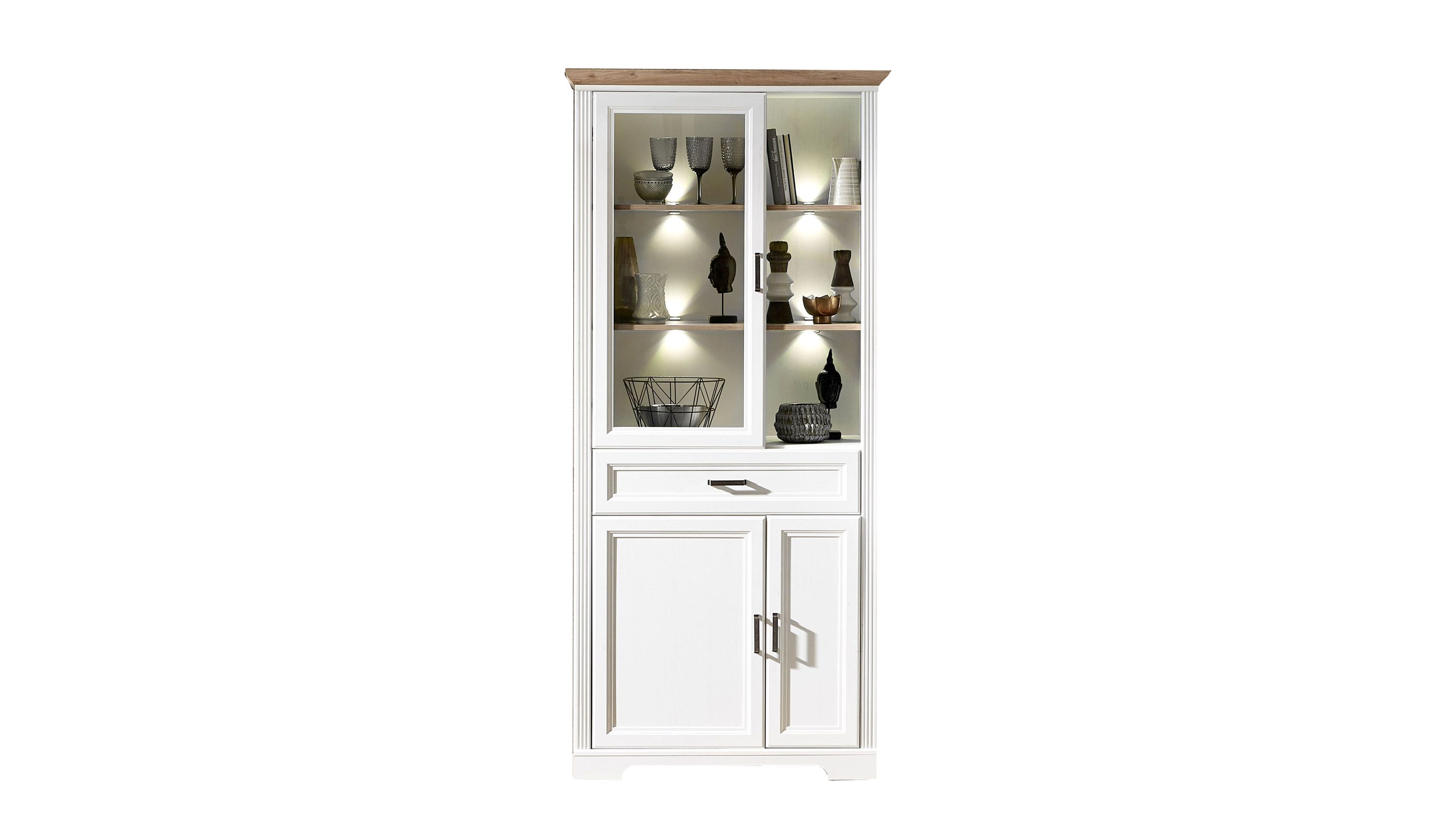 Weiße Vitrine mit Glas und Schublade Weiße Vitrine mit drei Türen und einer Schublade obere Türen mit Glas und Beleuchtung Holzdekor oben