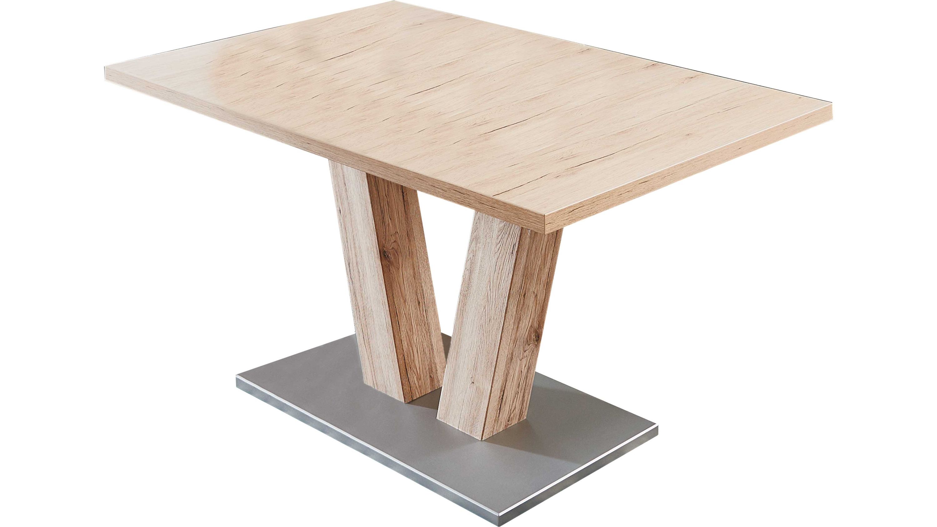 Rechteckiger Tisch mit heller Holzplatte zwei schrägen Holzbeinen und grauer rechteckiger Bodenplatte