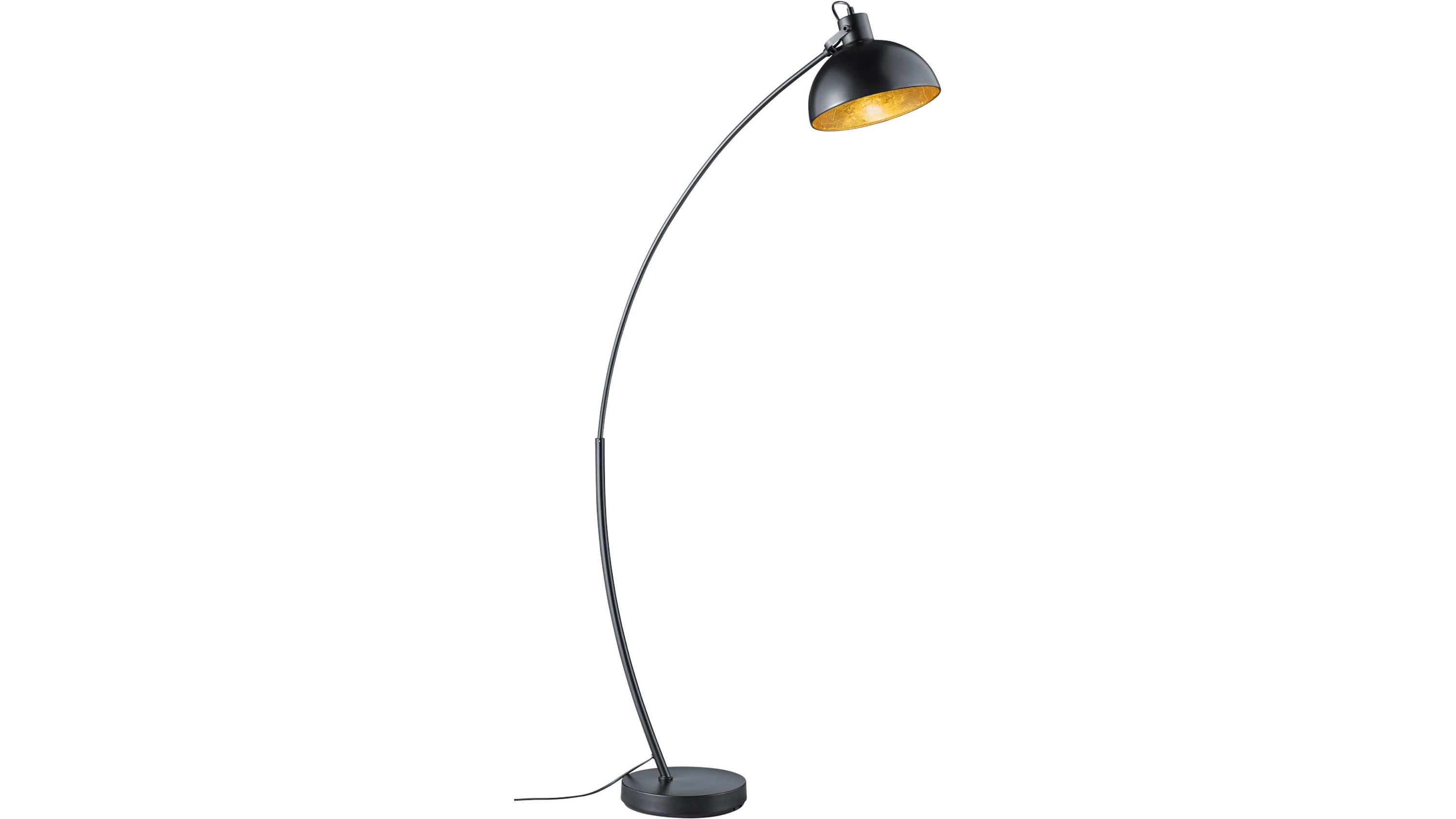 Stehlampe mit gebogenem Ständer und schwarzem Lampenschirm Schwarze Stehlampe mit gebogenem Ständer und halbrundem Lampenschirm