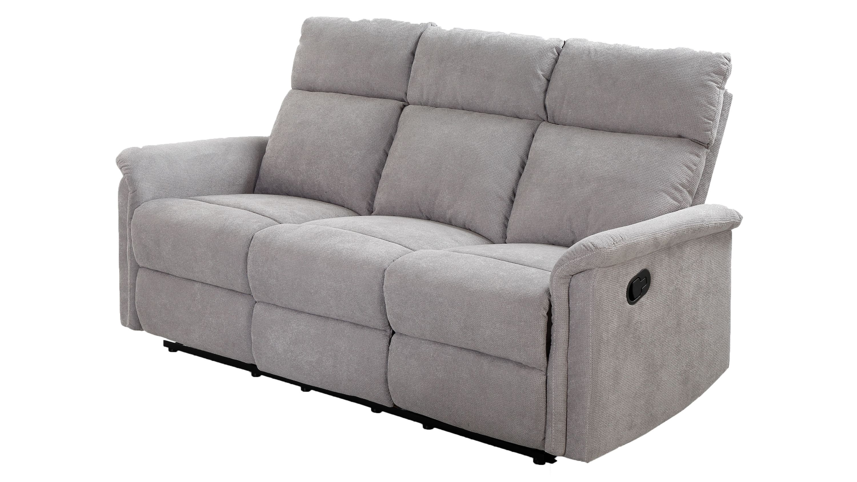 Dreisitziges Sofa mit hellgrauem Velourstoff und schwarzem Metallgestell mit verstellbaren Armlehnen