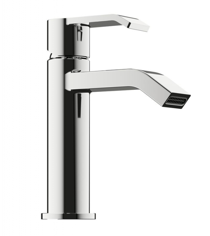Wasserhahn mit kantigem Einhebelmischer in Silber  zylindrischem Korpus  seitlichem Hebel und abgeschrägtem Auslauf