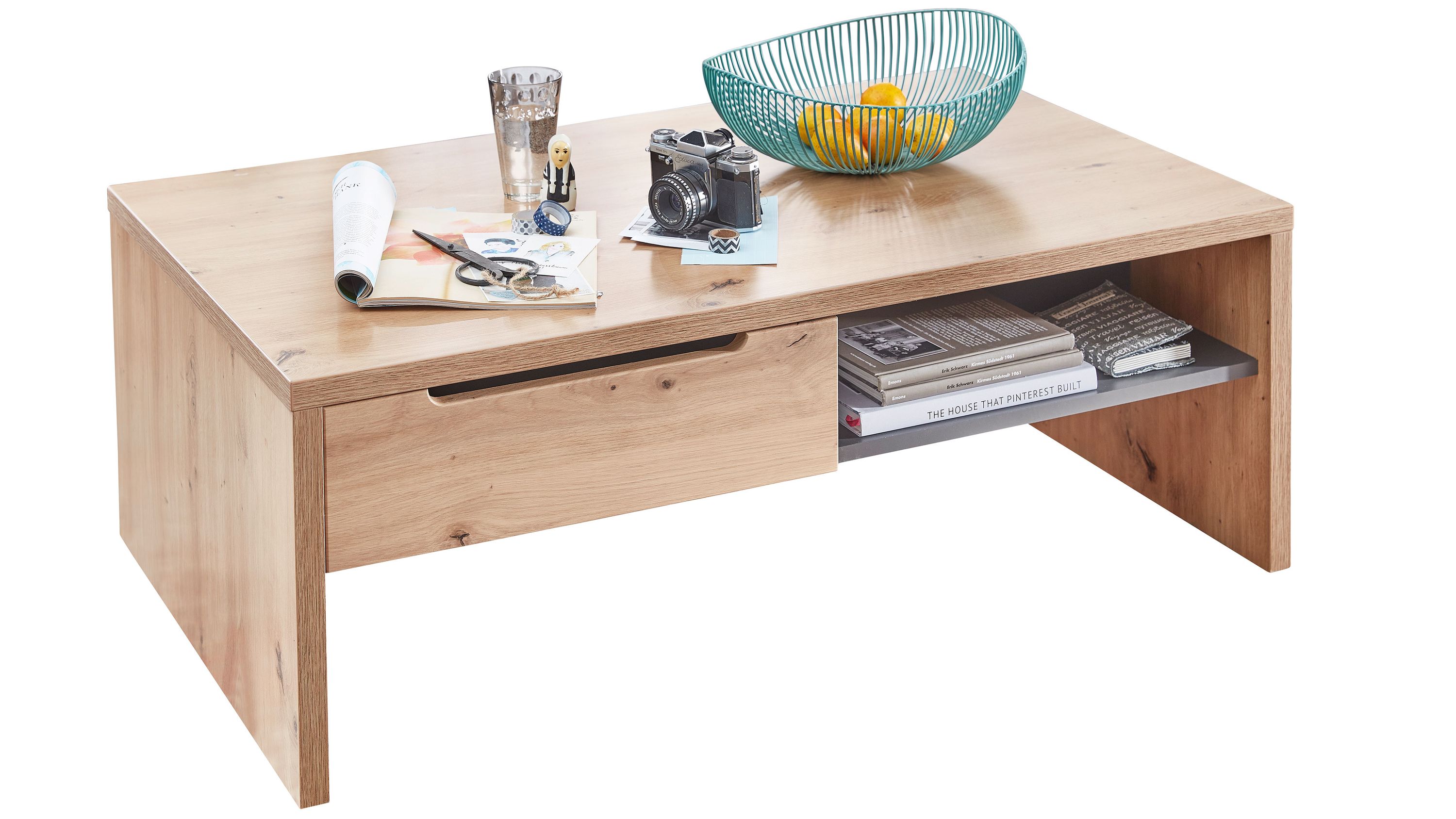 Rechteckiger Couchtisch mit einer Schublade und einem offenen Fach in heller Holzoptik mit grauem Boden