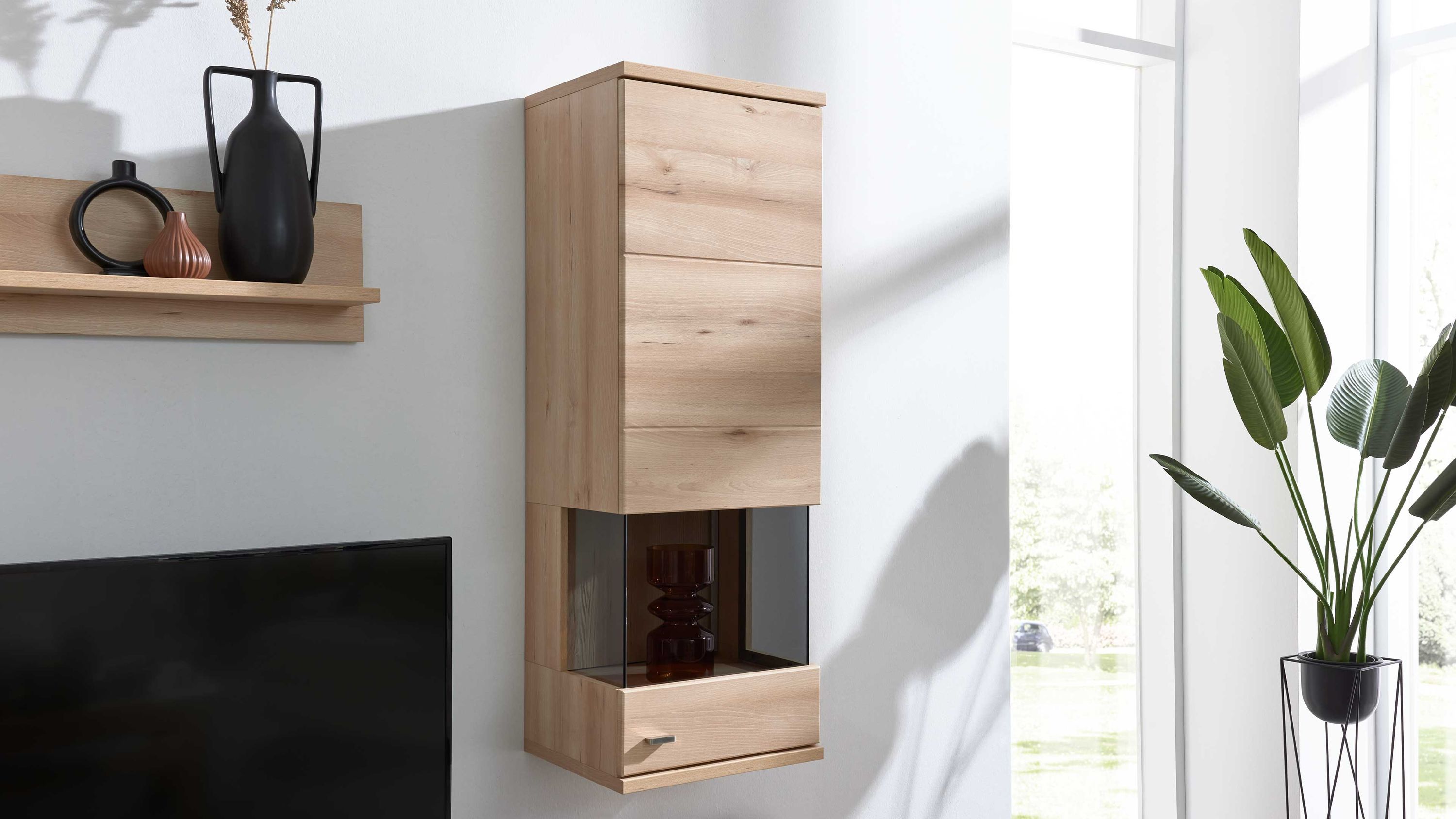 Hängevitrine aus hellem Holz mit einer Tür und einem Glasfach darunter in modernem Wohnzimmer