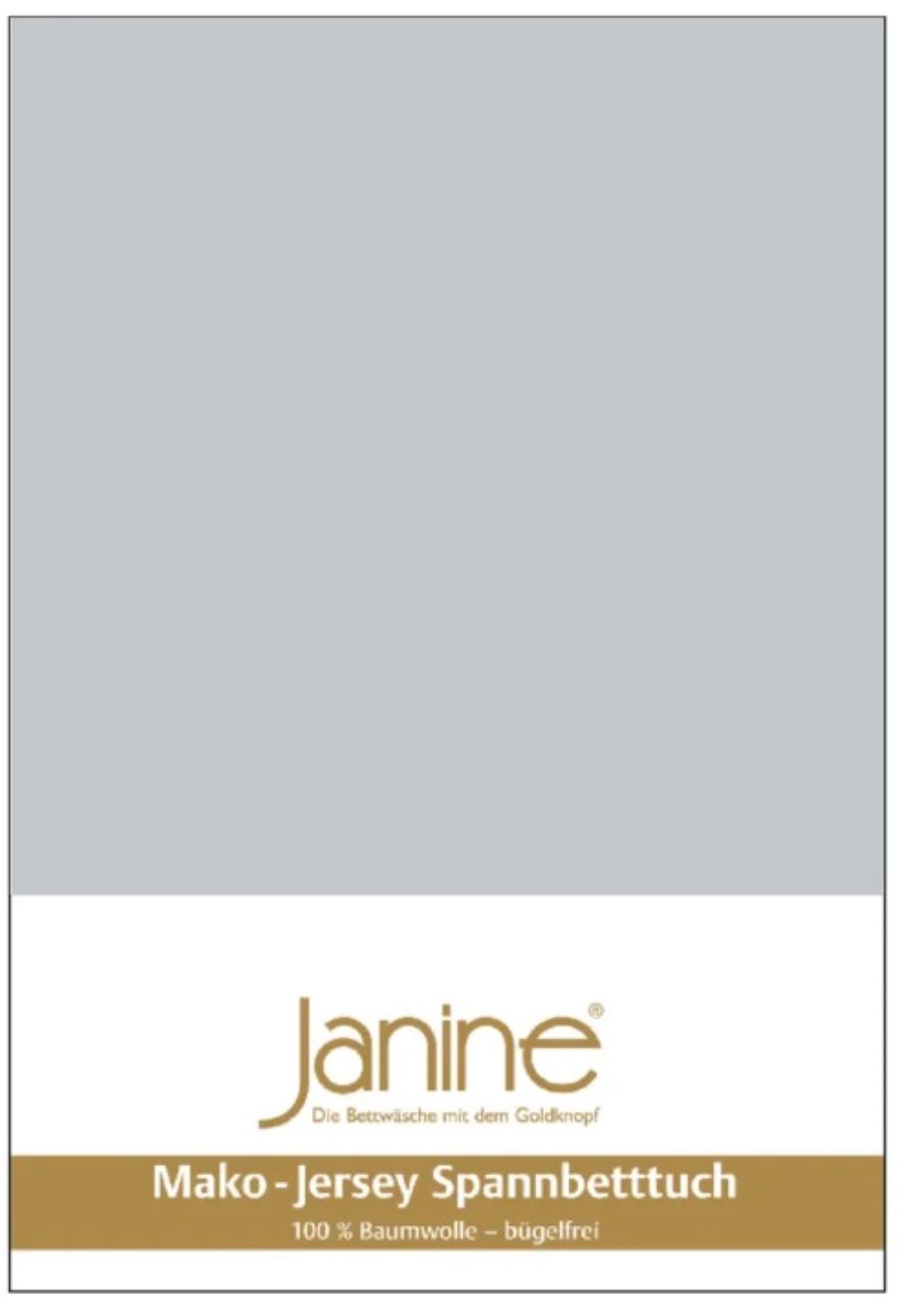Janine Design Feinjersey Spannbetttuch, grau, Verpackung weiß-gold Graues Feinjersey-Spannbetttuch in weiß-goldener Verpackung mit goldener Janine-Aufschrift  frontal fotografiert
