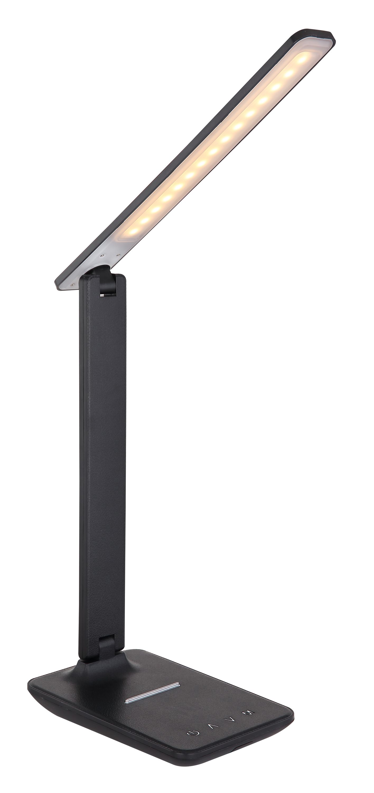 Schwarze LED-Tischleuchte mit rechteckigem Sockel und warm leuchtendem Schwenkarm  stehend vor weißem Hintergrund