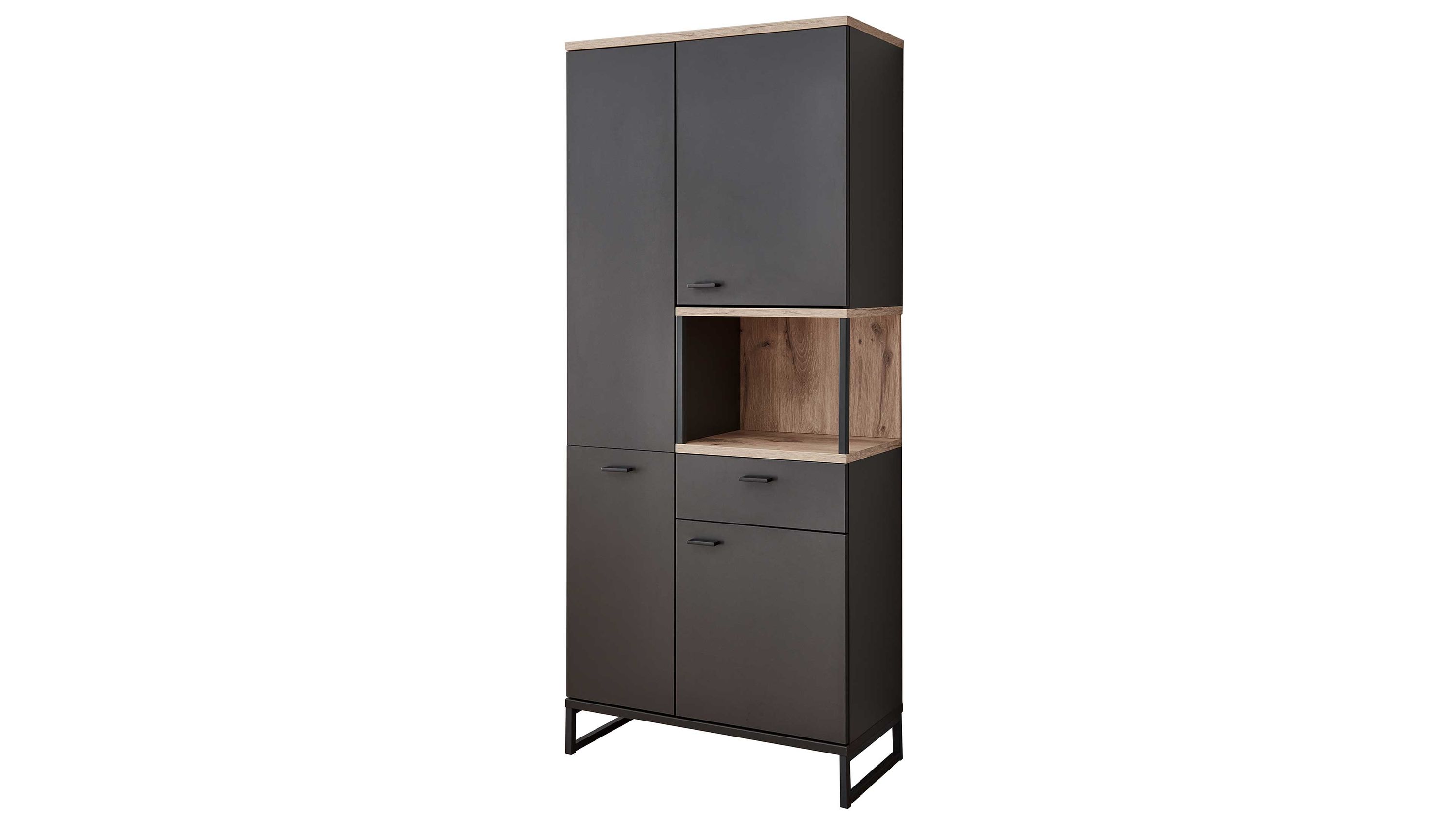 Vitrine mit drei Türen und Schublade in Grau und Holzoptik Hohe Vitrine mit drei grauen Türen einer Schublade und offenem Fach mit hellbrauner Holzoptik