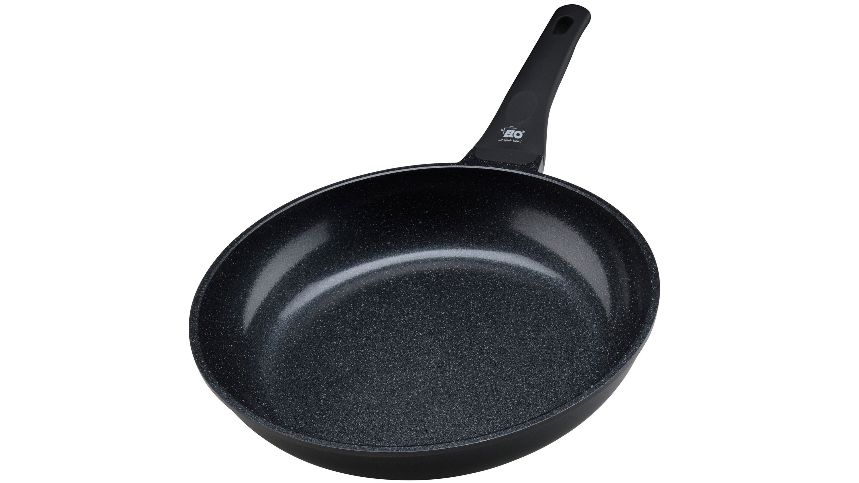 Runde schwarze Bratpfanne mit langem Griff und glatter Oberfläche