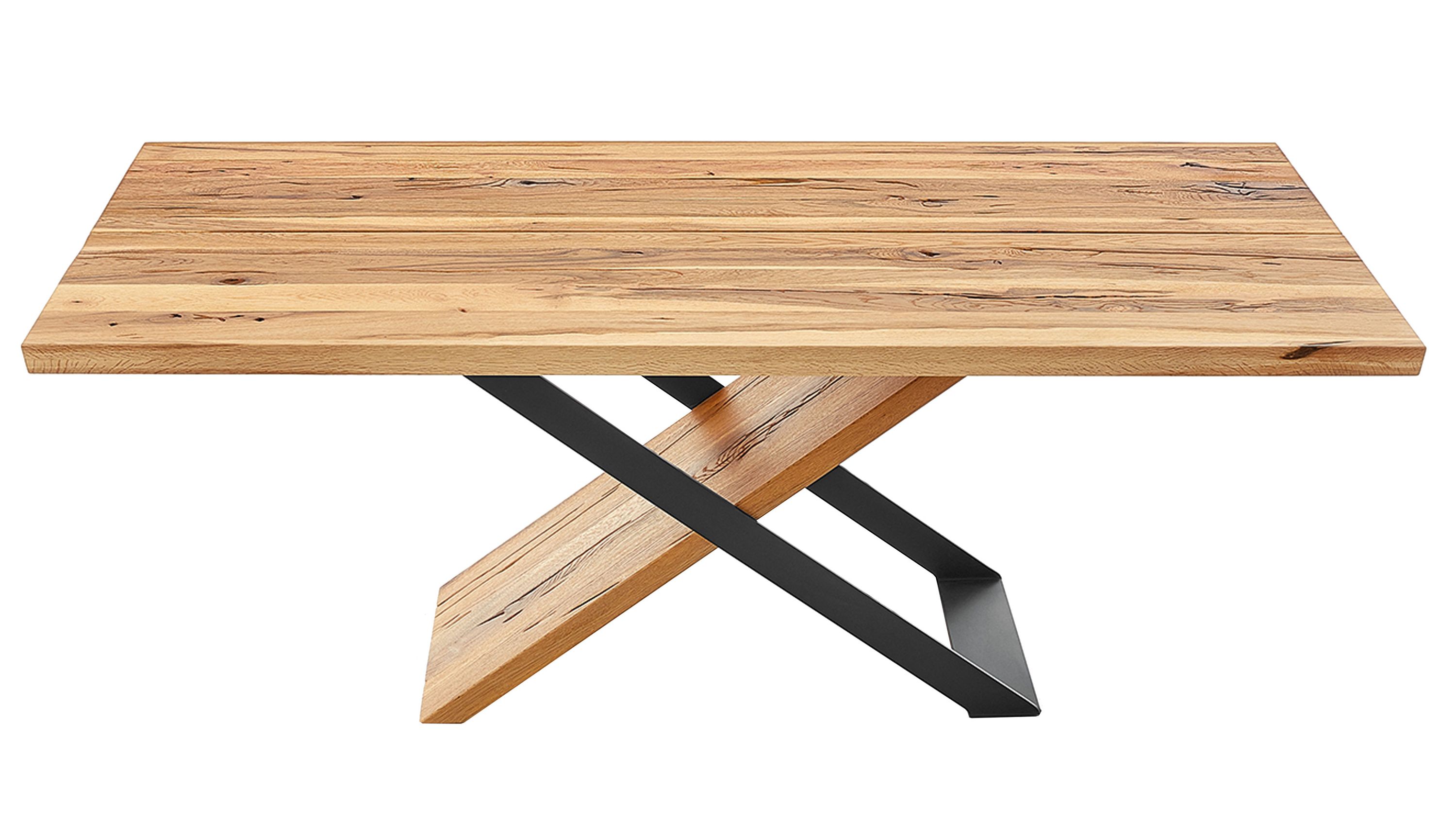 Esstisch mit geölter Holzplatte und Metallgestell Rechteckiger Esstisch mit geölter Holzplatte in hellbraun und schwarzem Metallgestell in X-Form