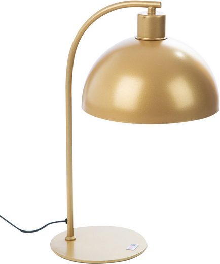 Goldene Schreibtischlampe mit gebogenem Hals und Kuppelschirm auf rundem Sockel, aus seitlicher Perspektive fotografiert.