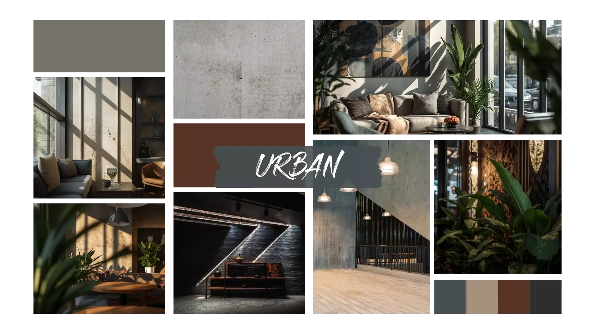 Collage im Urban-Stil mit modernen Wohnräumen, Betonwänden, großen Fenstern, dunklen Möbeln, warmem Licht und grünen Pflanzen in einer städtischen Atmosphäre