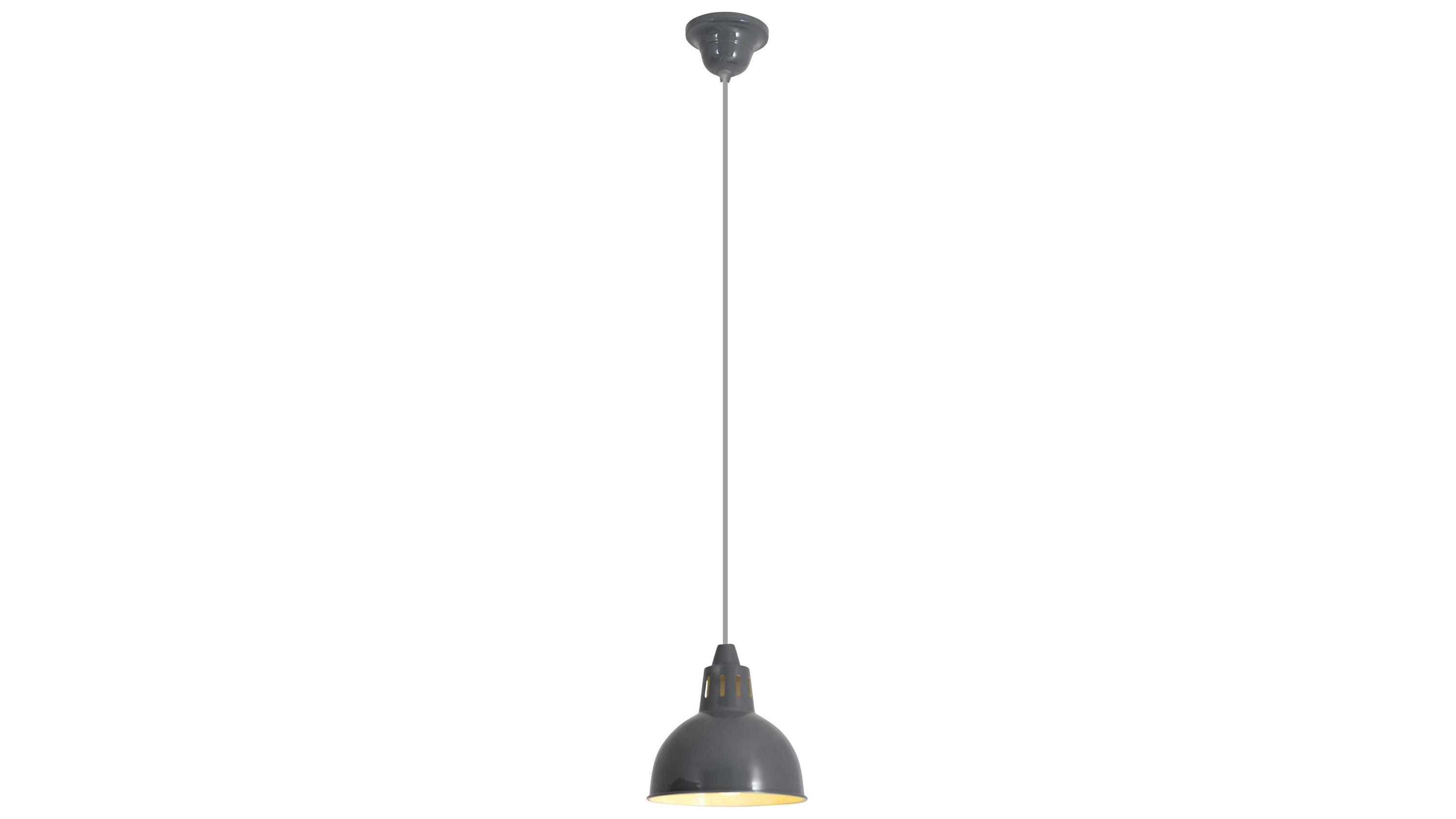 Runde Pendelleuchte aus dunkelgrauem Metall mit Kabel und Deckenbefestigung