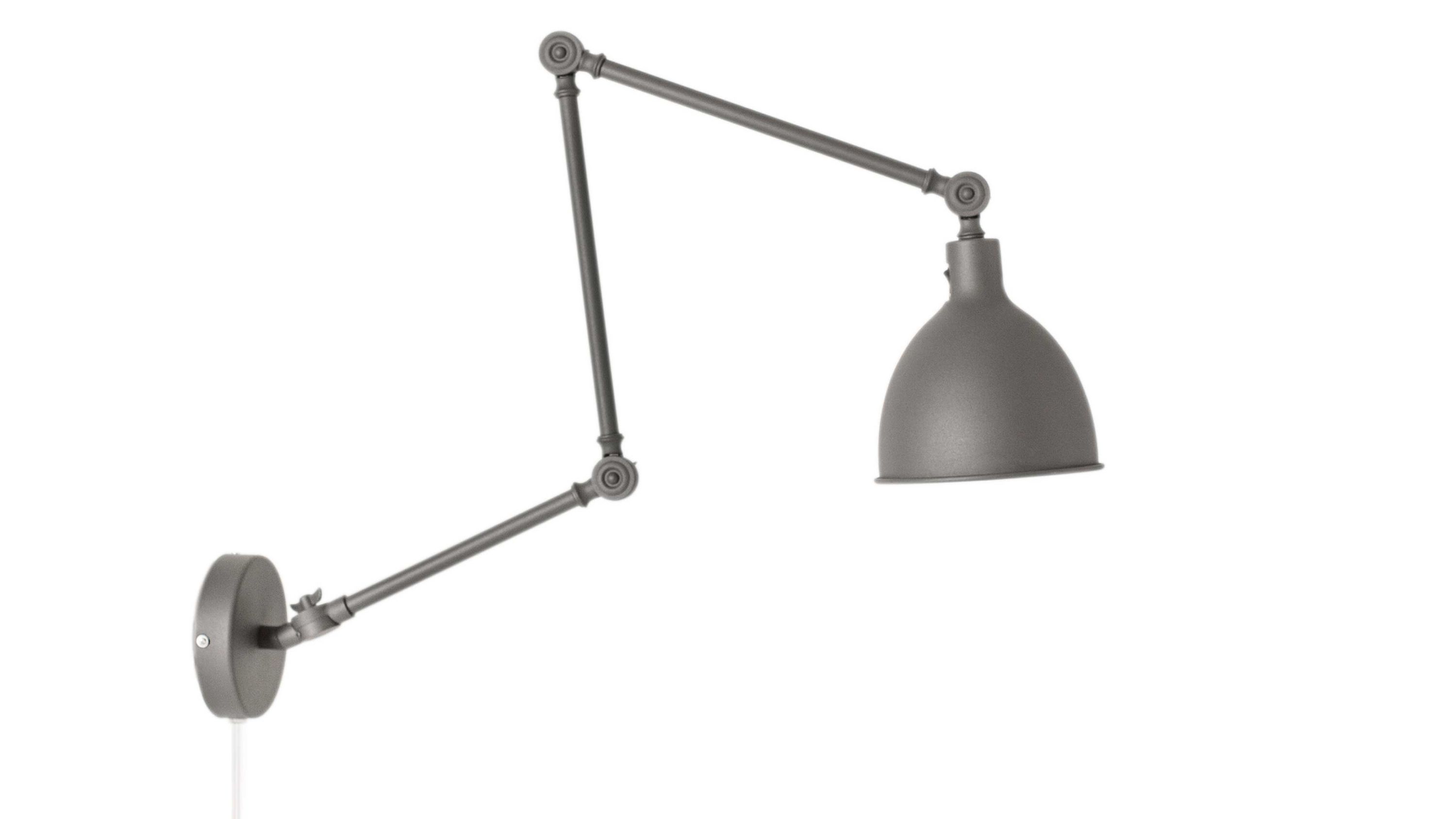 Wandleuchte mit verstellbarem Arm und grauem Lampenschirm Wandleuchte mit verstellbarem dreiteiligem Arm und grauem Lampenschirm aus Metall