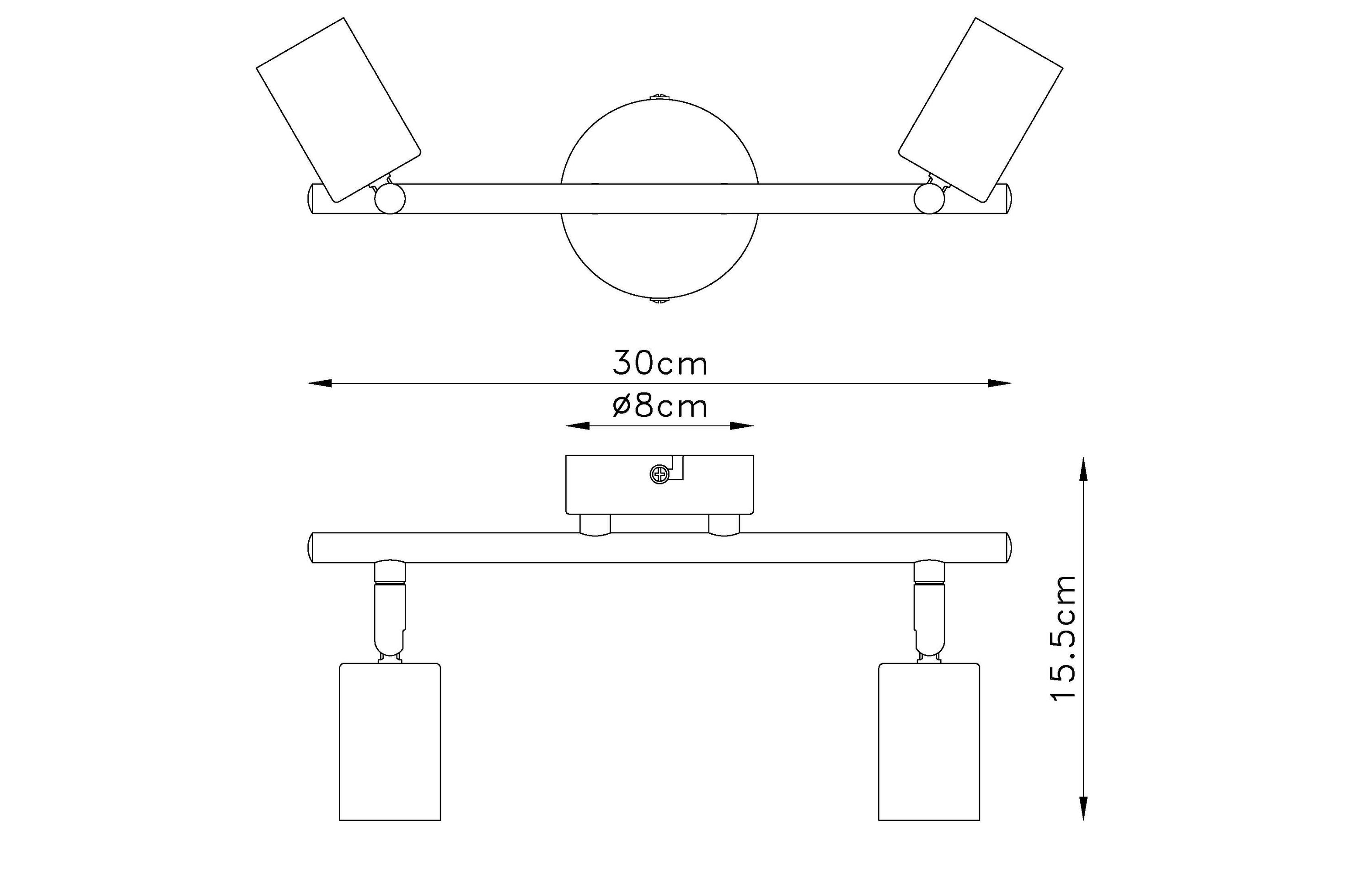 Maßskizze Zweiflammige Deckenleuchte mit zylindrischen Spots an schwarzem Balken 30 cm breit und 18,5 cm hoch