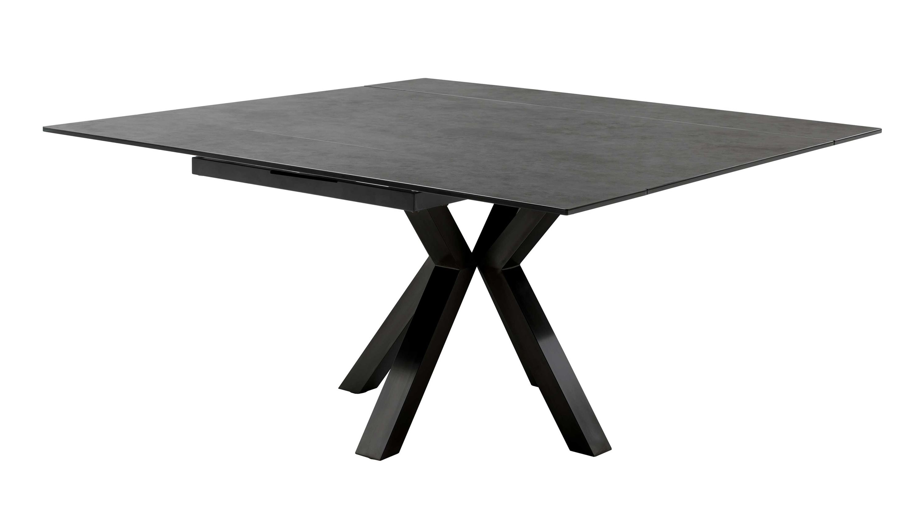 Quadratischer Ausziehtisch mit anthrazitfarbener Tischplatte und schwarzem Metallgestell in X-Form