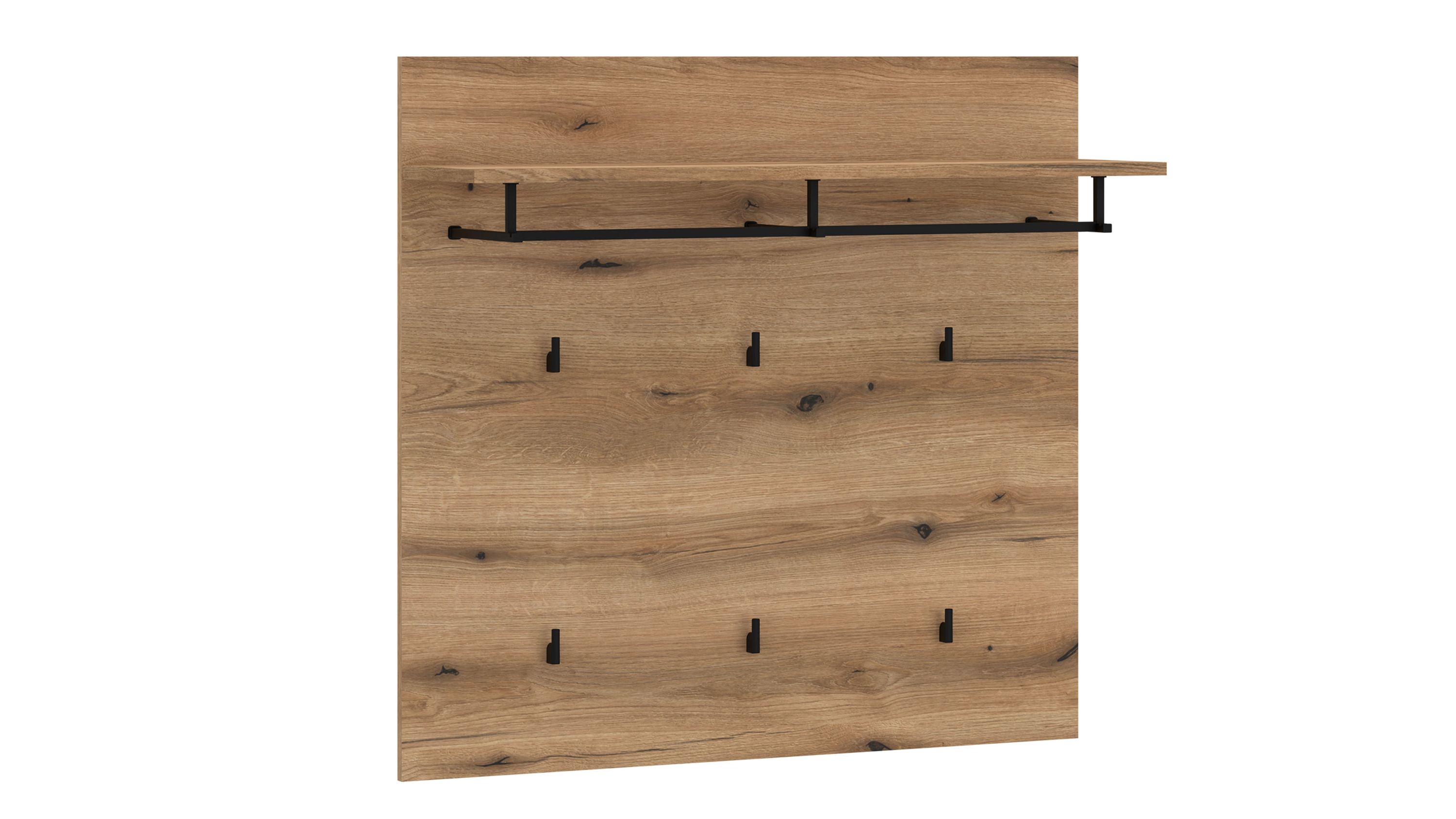 Garderobenpaneel mit Haken und Ablage in Holzoptik Quadratisches Garderobenpaneel in Holzoptik mit sechs schwarzen Haken und einer oberen Ablage