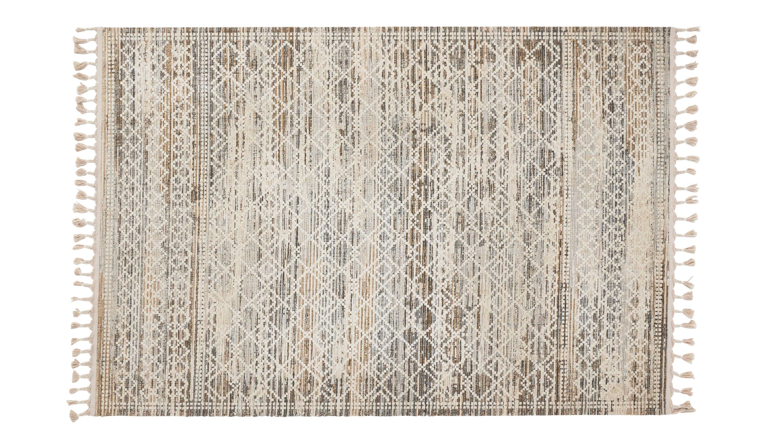 Rechteckiger Teppich mit beigem Vintagemuster und Fransen an den kurzen Seiten