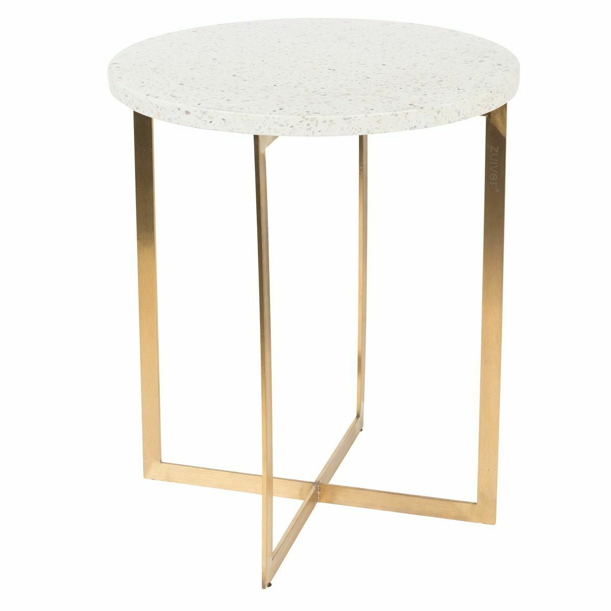 Runder Beistelltisch mit weißer Terrazzo-Platte und goldfarbenem Gestell in geometrischer Form  leicht schräg fotografiert
