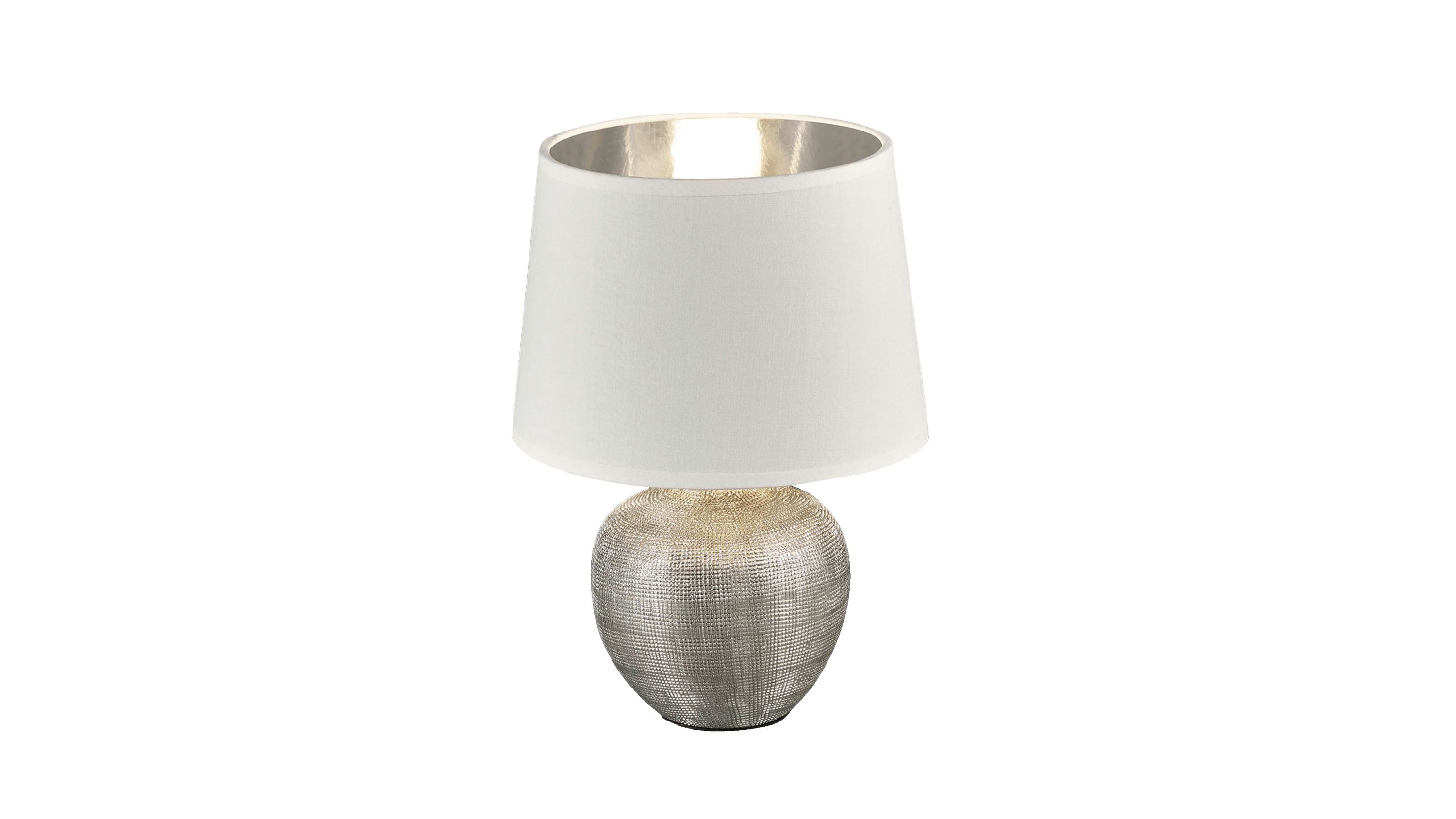 Tischlampe mit silberfarbenem Sockel und weißem Schirm Tischlampe mit rundem silberfarbenem Sockel und weißem Lampenschirm