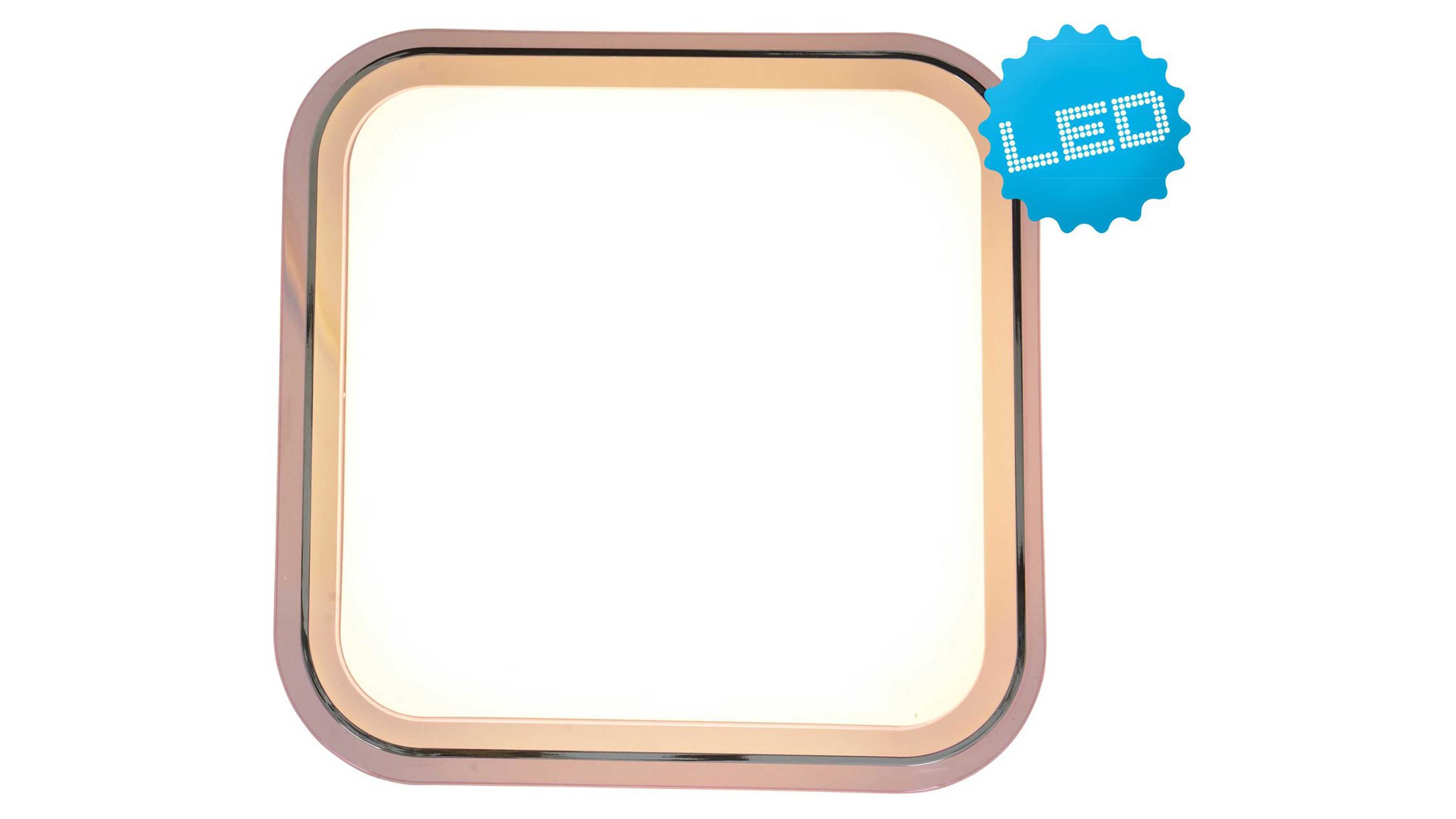 LED-Deckenleuchte quadratisch mit violettem Kunststoffrahmen Quadratische Deckenleuchte mit abgerundeten Ecken und violettem Rahmen aus Kunststoff