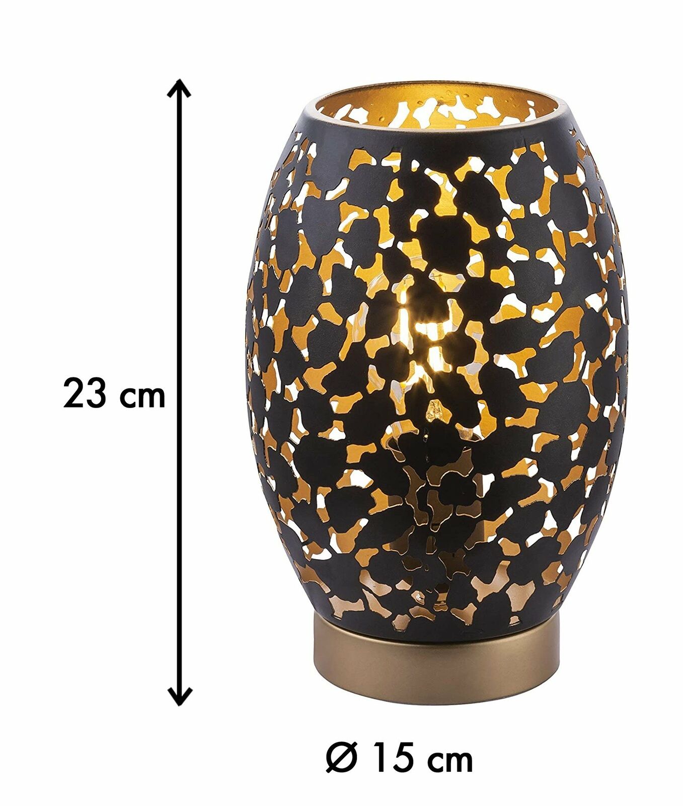 Tischlampe schwarz matt mit Goldmuster und Maßen Maßskizze schwarze matte Tischleuchte 23 cm hoch 15 cm Durchmesser zylindrisch mit durchbrochenem Muster