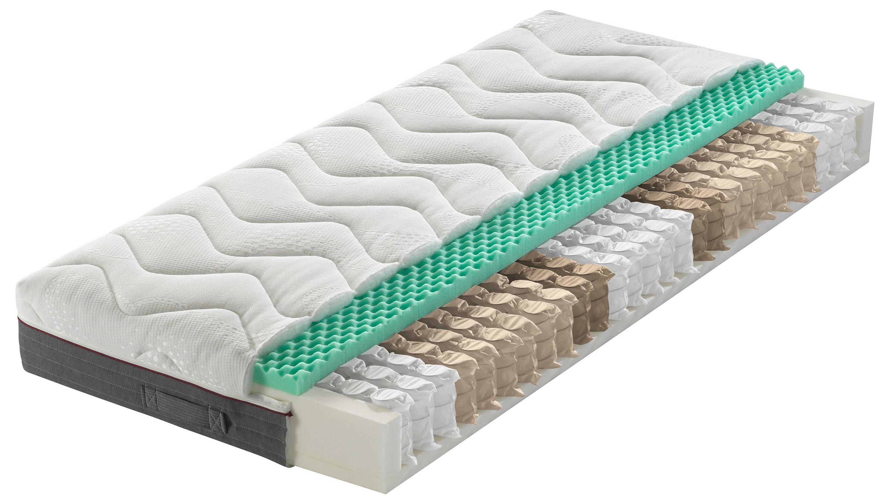 Taschenfederkernmatratze mit Schaumstoffauflage in Weiß und Grau Weiß-graue Matratze mit sichtbarem Taschenfederkern und grünem Schaumstoffauflage