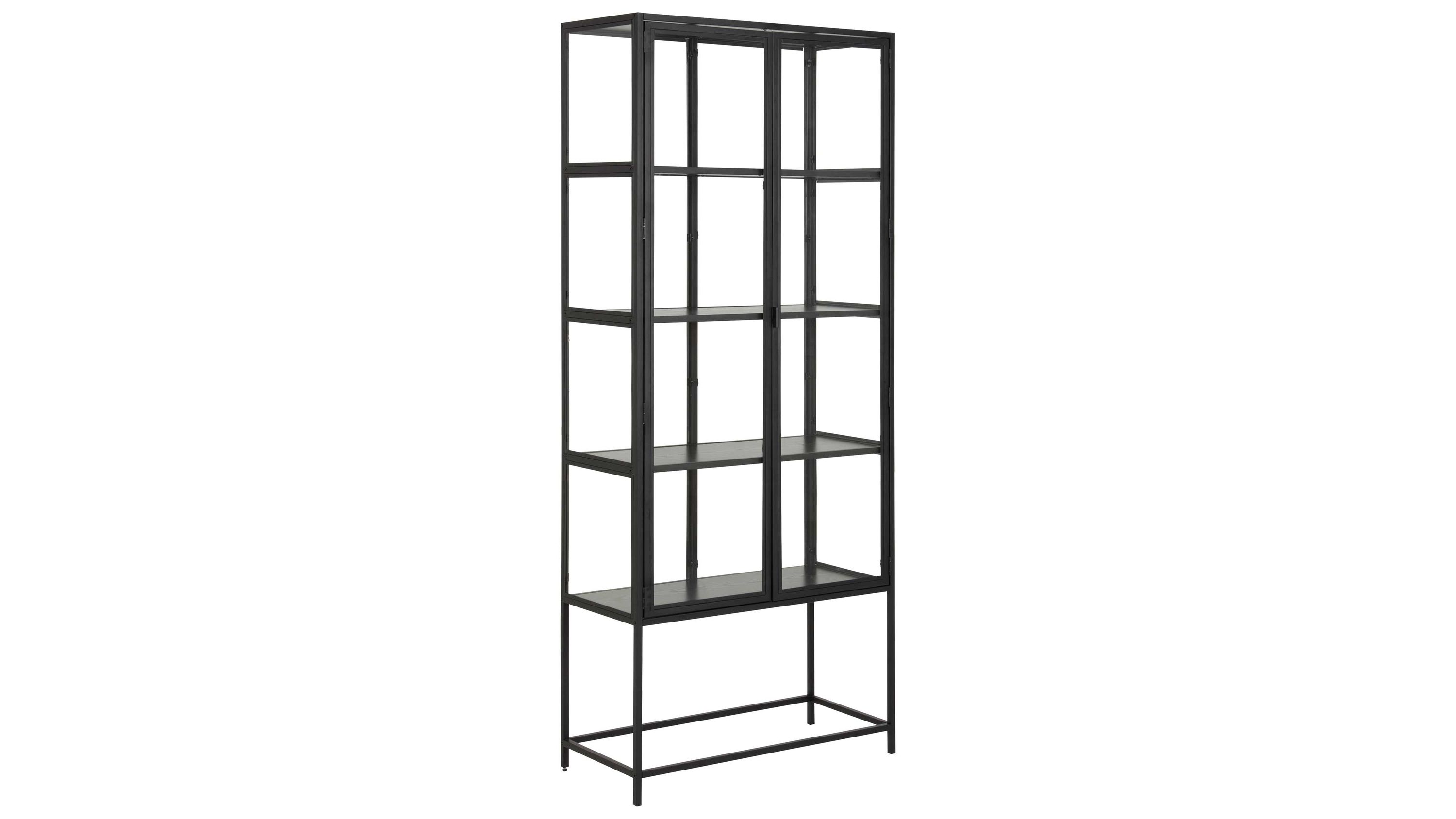 Vitrine mit zwei Glastüren und Metallrahmen Hohe Vitrine mit zwei Glastüren und mehreren Regalböden in schwarzem Metallrahmen