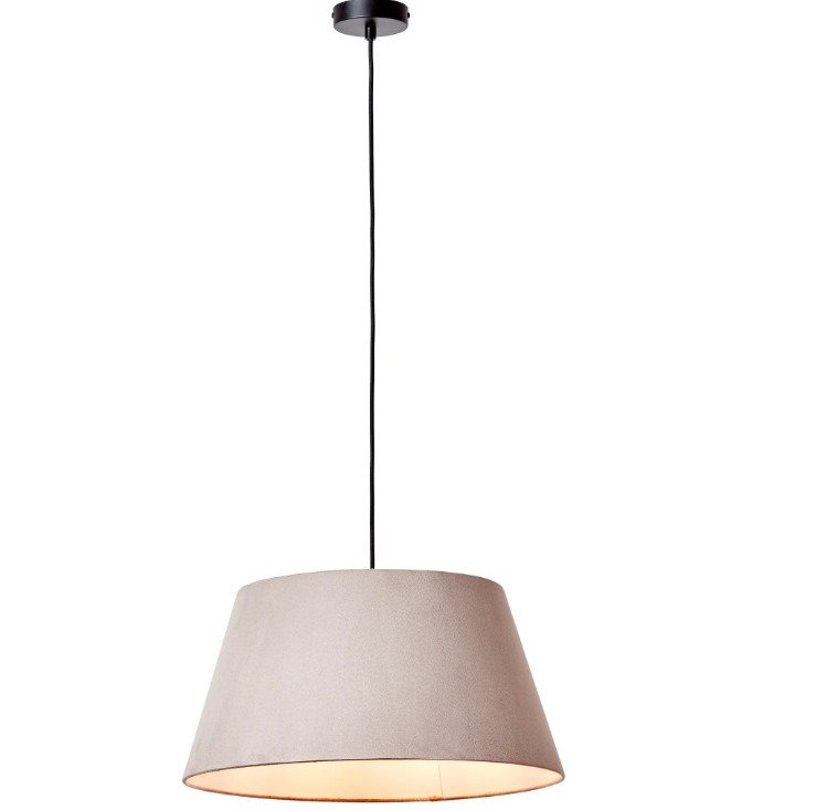 Frontalansicht einer Pendelleuchte mit taupefarbenem Metallschirm  hängend von der Decke