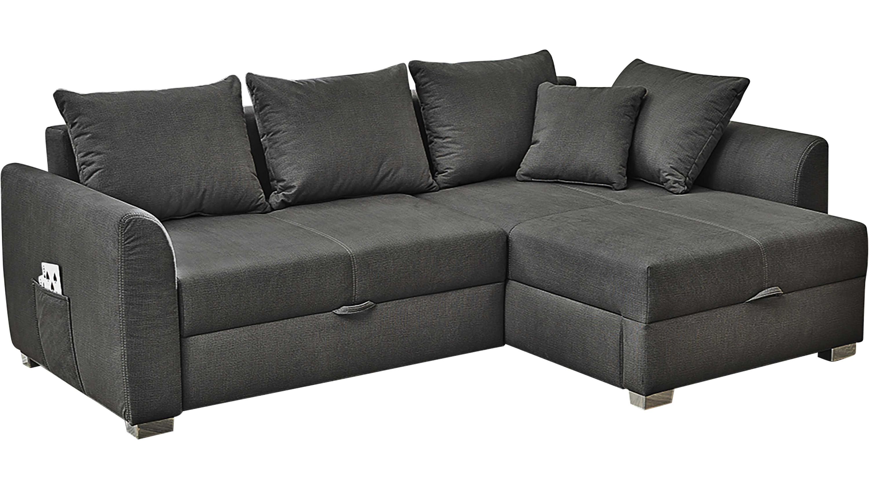 Dunkelgraues Ecksofa mit Flachgewebe fünf Kissen und Metallfüßen
