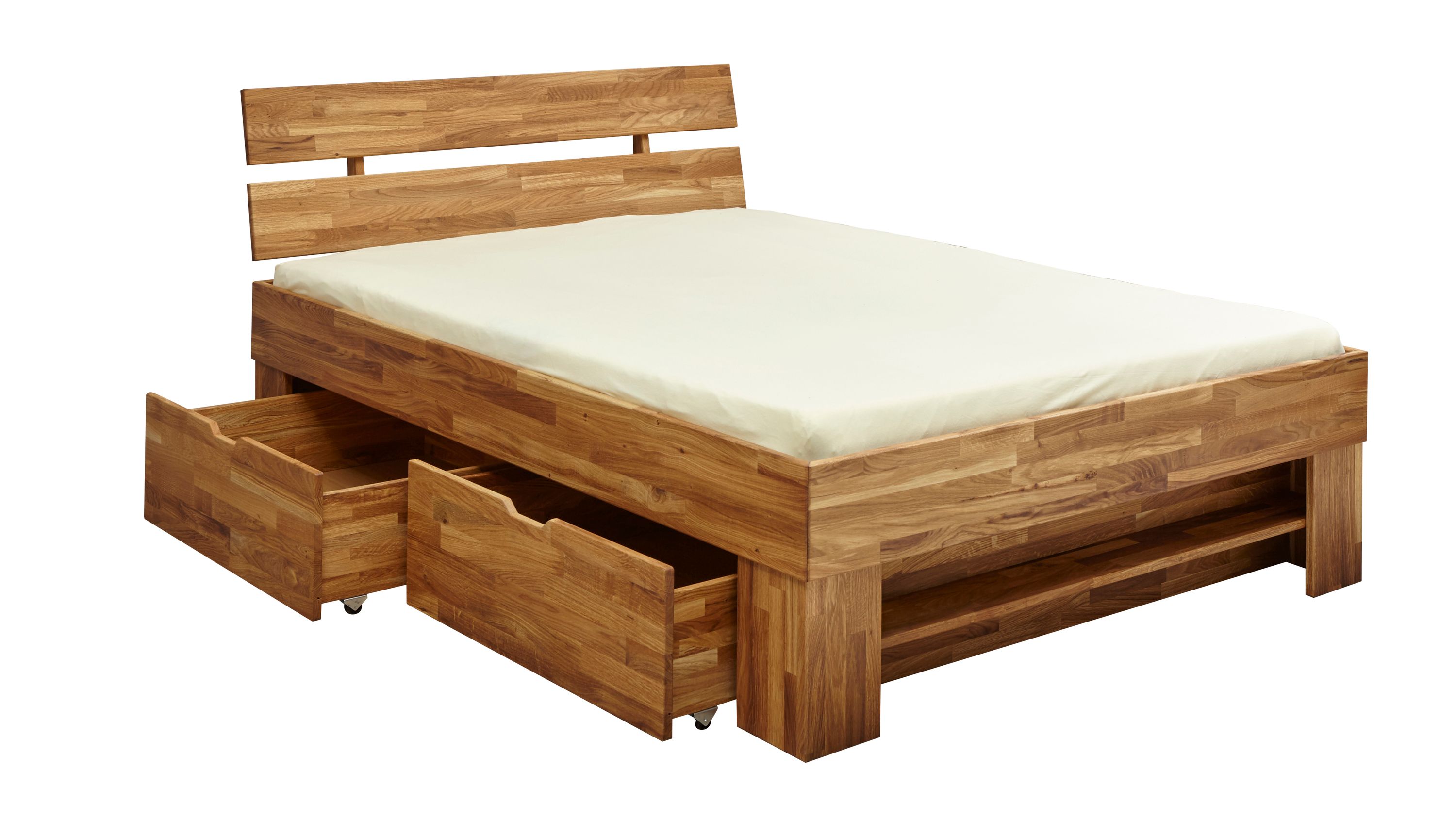 Funktionales Bettgestell aus geöltem Holz mit Kopfteil und zwei offenen Schubladen unter dem Rahmen