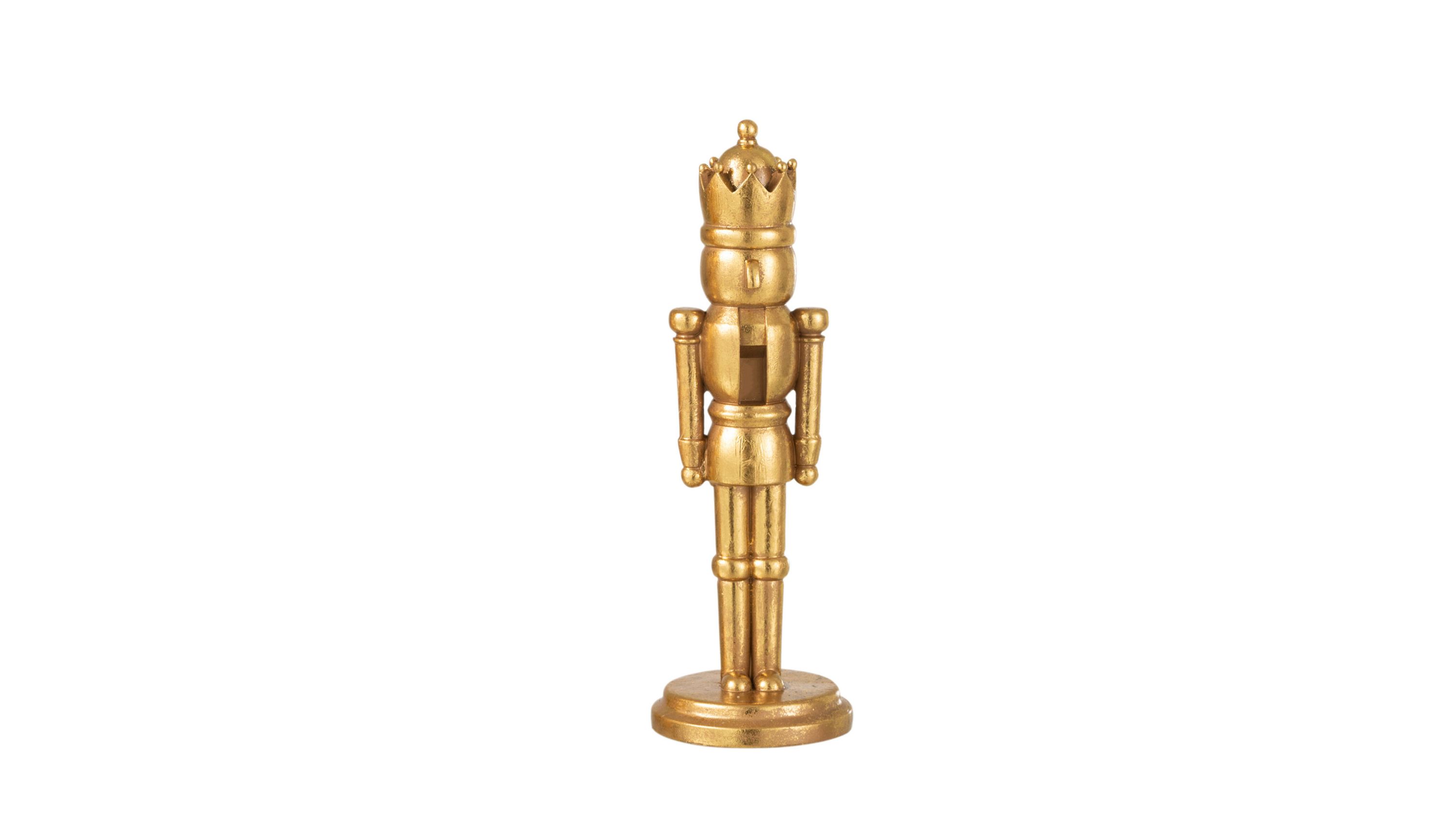 Goldfarbene Nussknackerfigur mit Krone und rundem Sockel