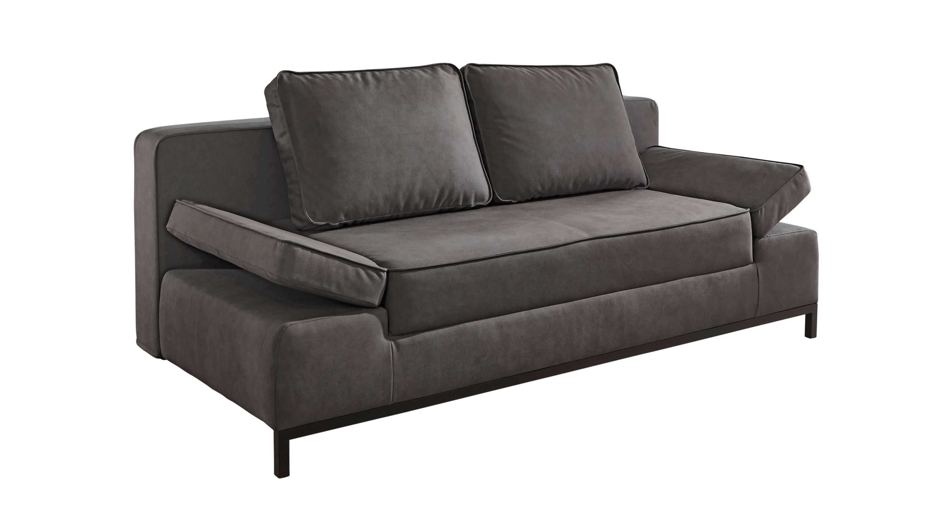 Anthrazitfarbenes Schlafsofa mit zwei Rückenkissen und schwarzen Metallfüßen