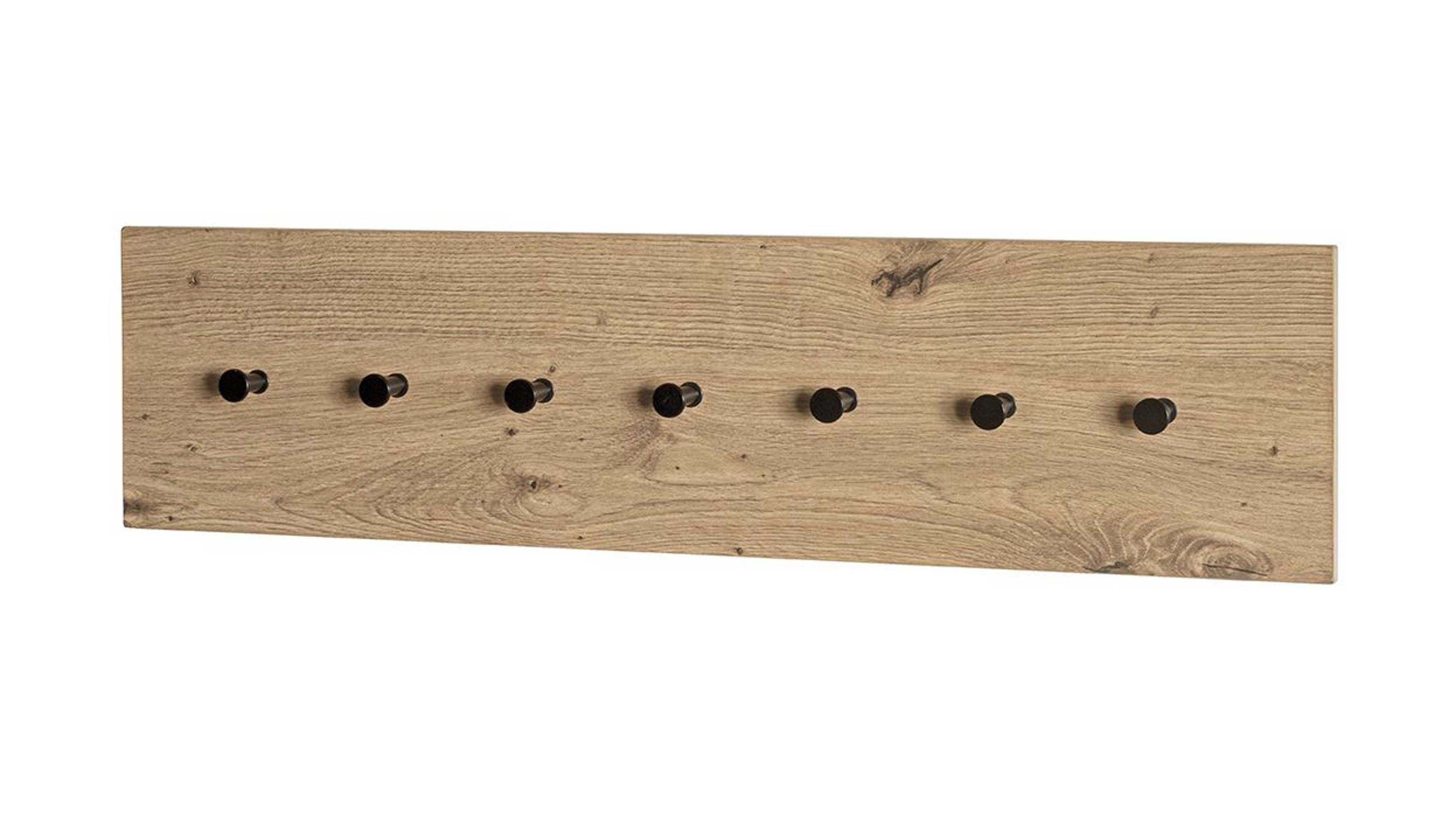 Rechteckige Wandgarderobe aus hellem Holz mit sieben schwarzen Metallhaken