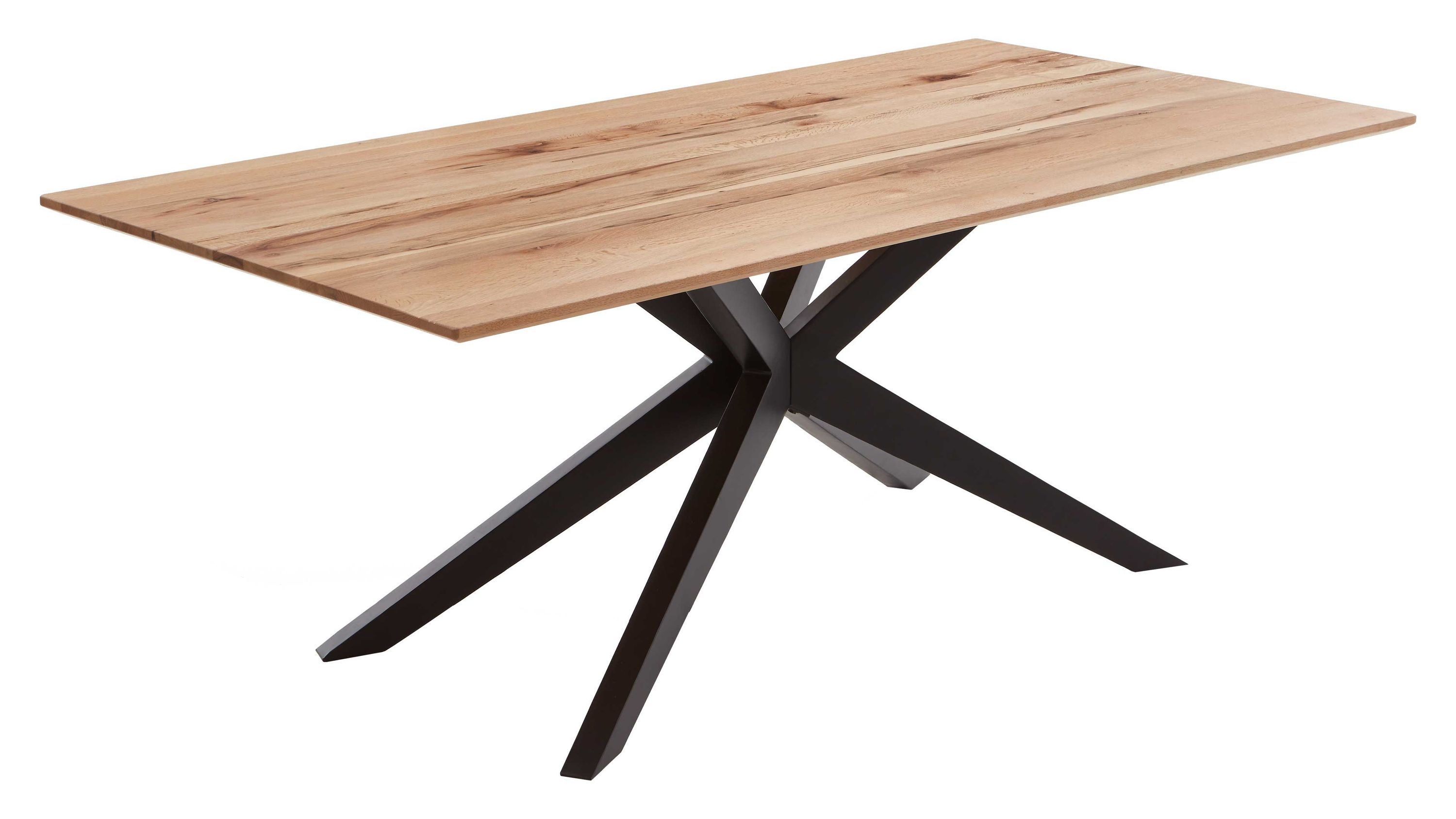 Esstisch mit Holzplatte und Metallgestell Rechteckiger Esstisch mit hellbrauner Holzplatte und schwarzem Metallgestell mit vier schrägen Beinen