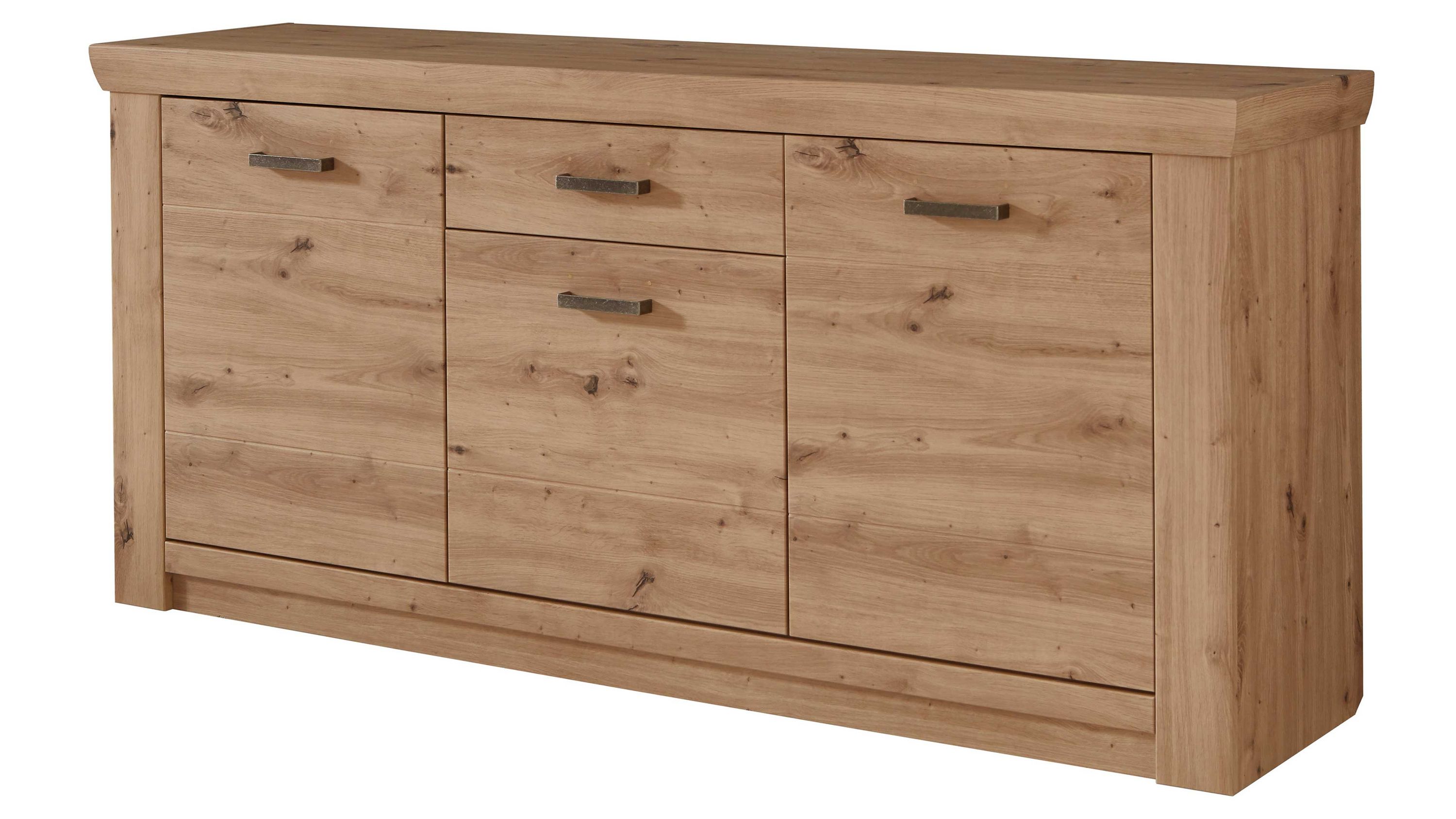 Sideboard mit drei Türen und einer Schublade in hellbrauner Balkeneicheoptik mit Metallgriffen
