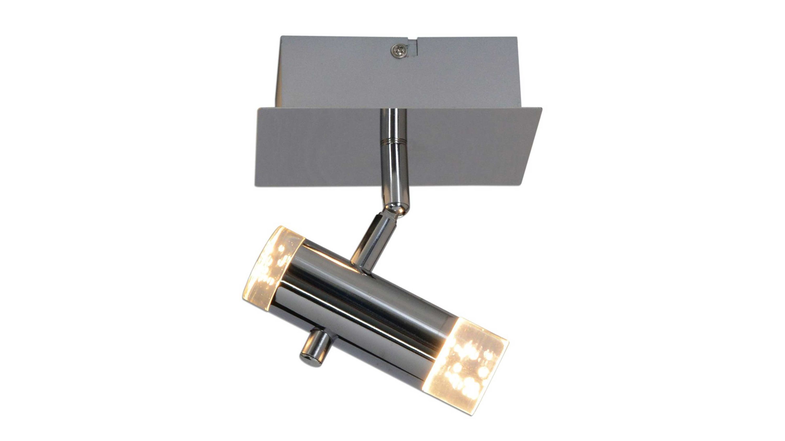 LED-Wand- und Deckenspot mit rechteckiger Befestigung und zylindrischem Leuchtkörper in Chrom mit Acrylenden