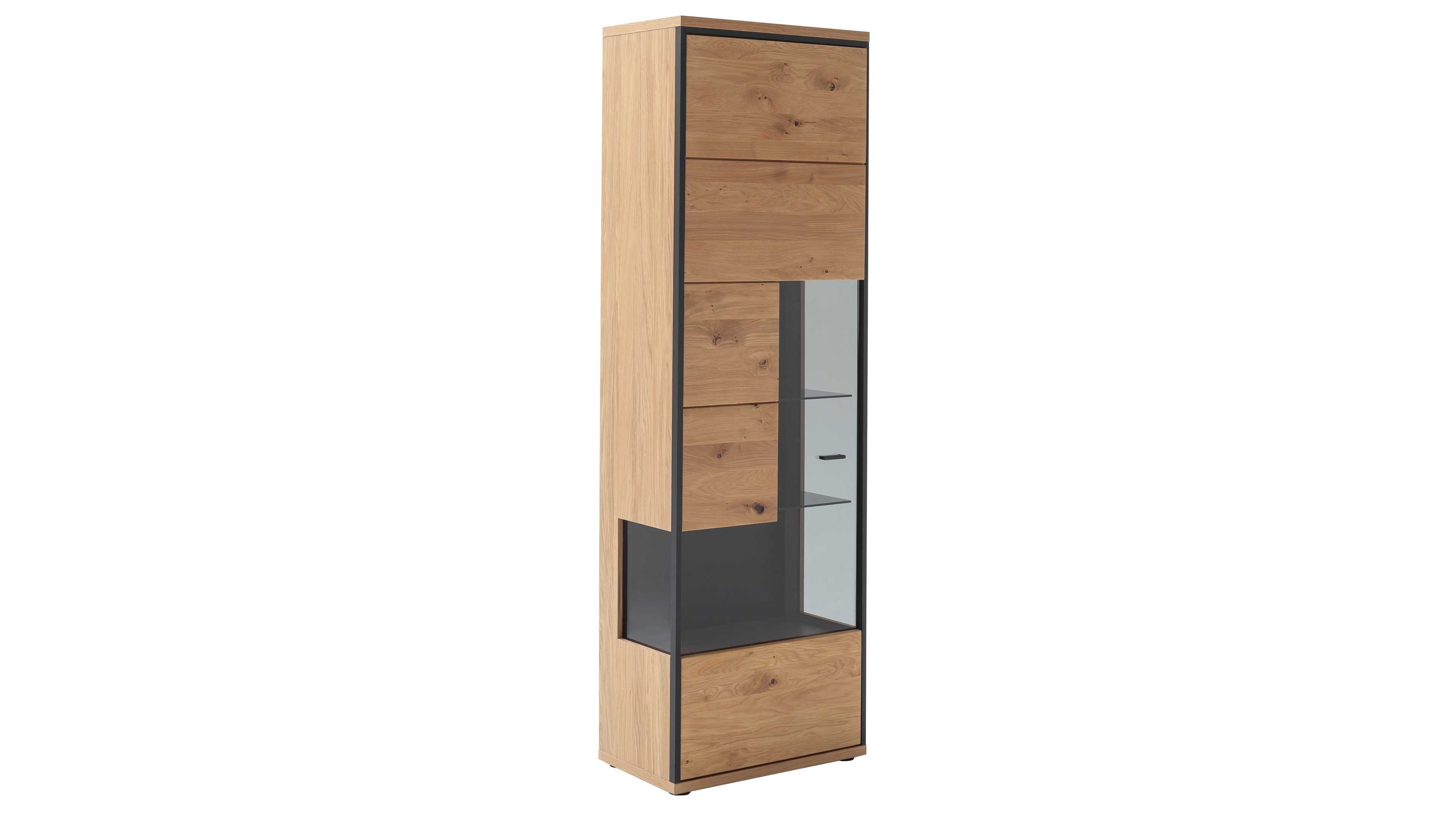 Hohe Vitrine mit einer Holztür und Glasfront helles Holz mit dunklem Rahmen