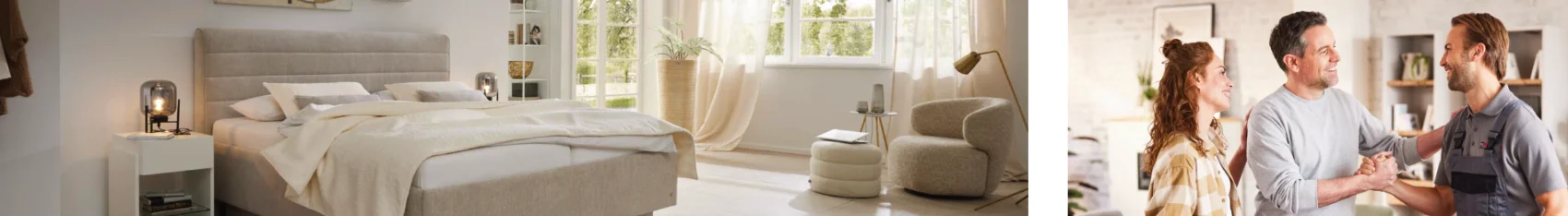 Schlafzimmer und persönliche Wohnberatung. Modernes Schlafzimmer mit Boxspringbett und gemütlicher Leseecke, daneben Beratungsgespräch mit Handwerker im Wohnzimmer.