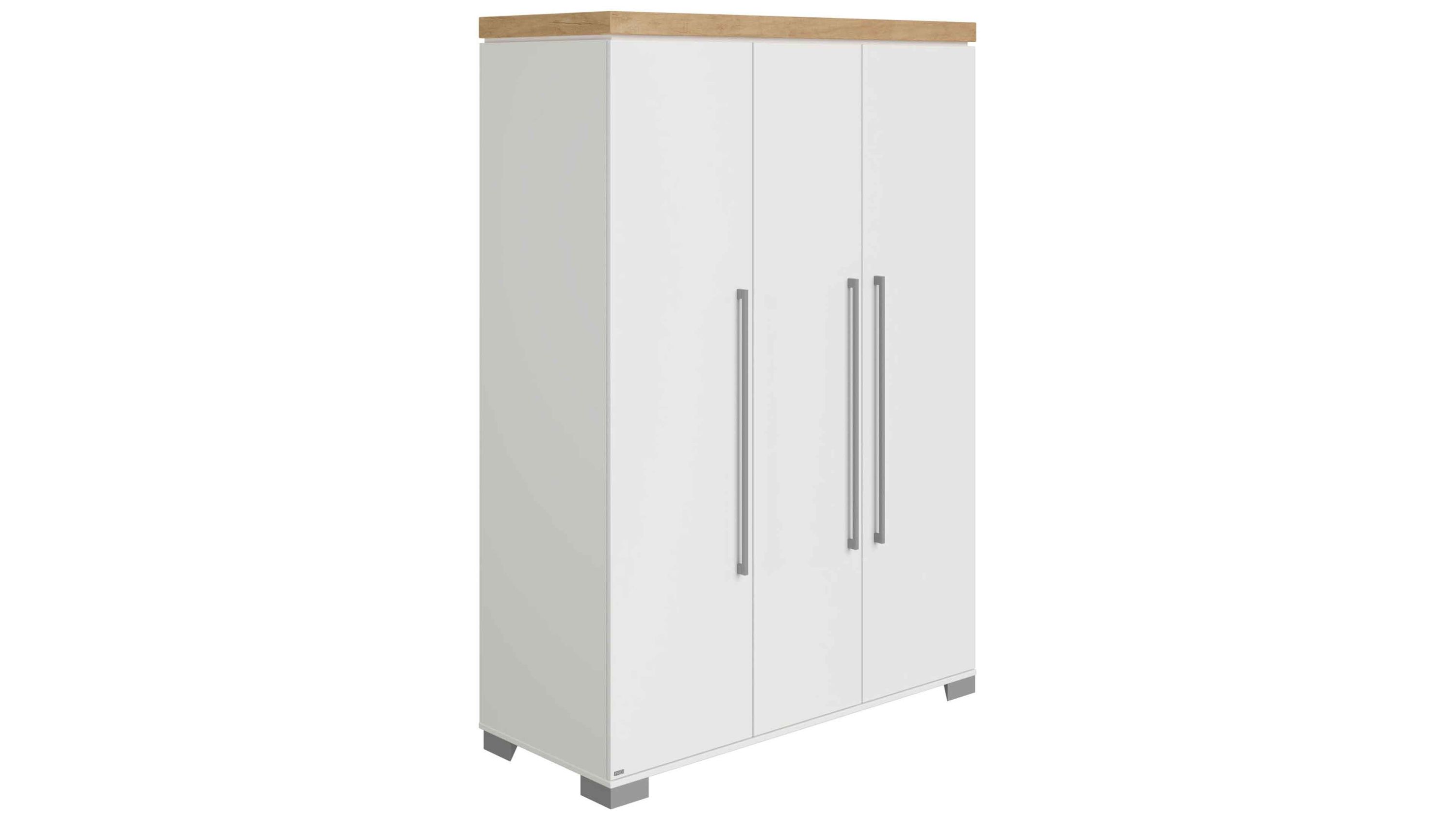 Drehtürenschrank mit drei weißen Türen und Holzdekor oben und an der Seite