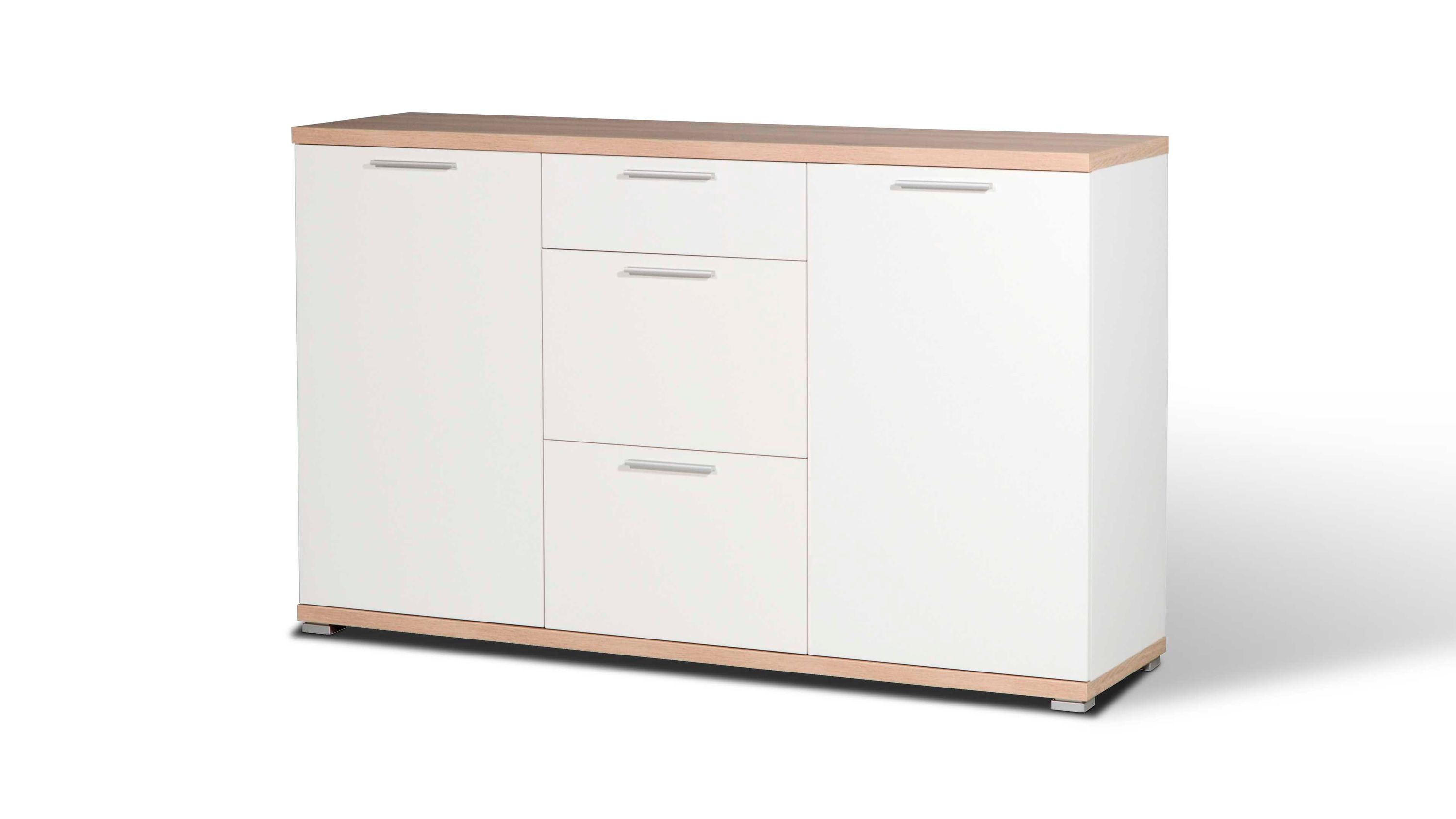 Sideboard mit zwei weißen Türen und drei weißen Schubladen Holzfarbige Ober- und Unterkante