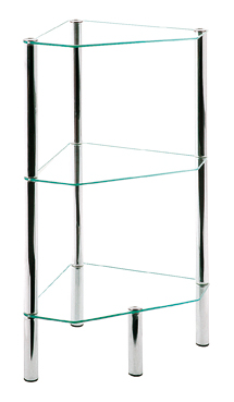 Eckregal mit Glasböden und Metallbeinen Eckregal mit drei klaren Glasböden und silbernen Metallbeinen