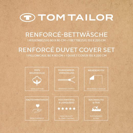 Verpackung Tom Tailor Renforce-Bettwäsche mit zweisprachiger Bezeichnung & sechs Symbolen zu Pflegehinweisen & Eigenschaften