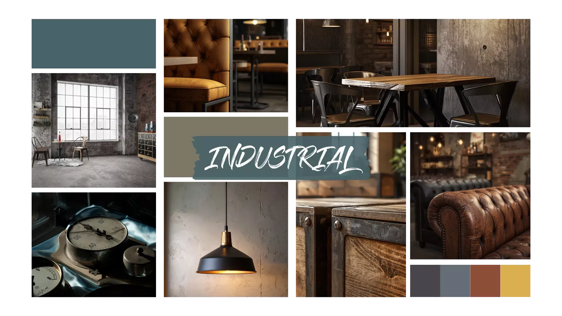 Collage im Industrial-Stil mit Backsteinwänden, Metallmöbeln, Ledersofa, Fabriklampen, Holztischen und dunkler Farbpalette in Grau, Braun und Schwarz